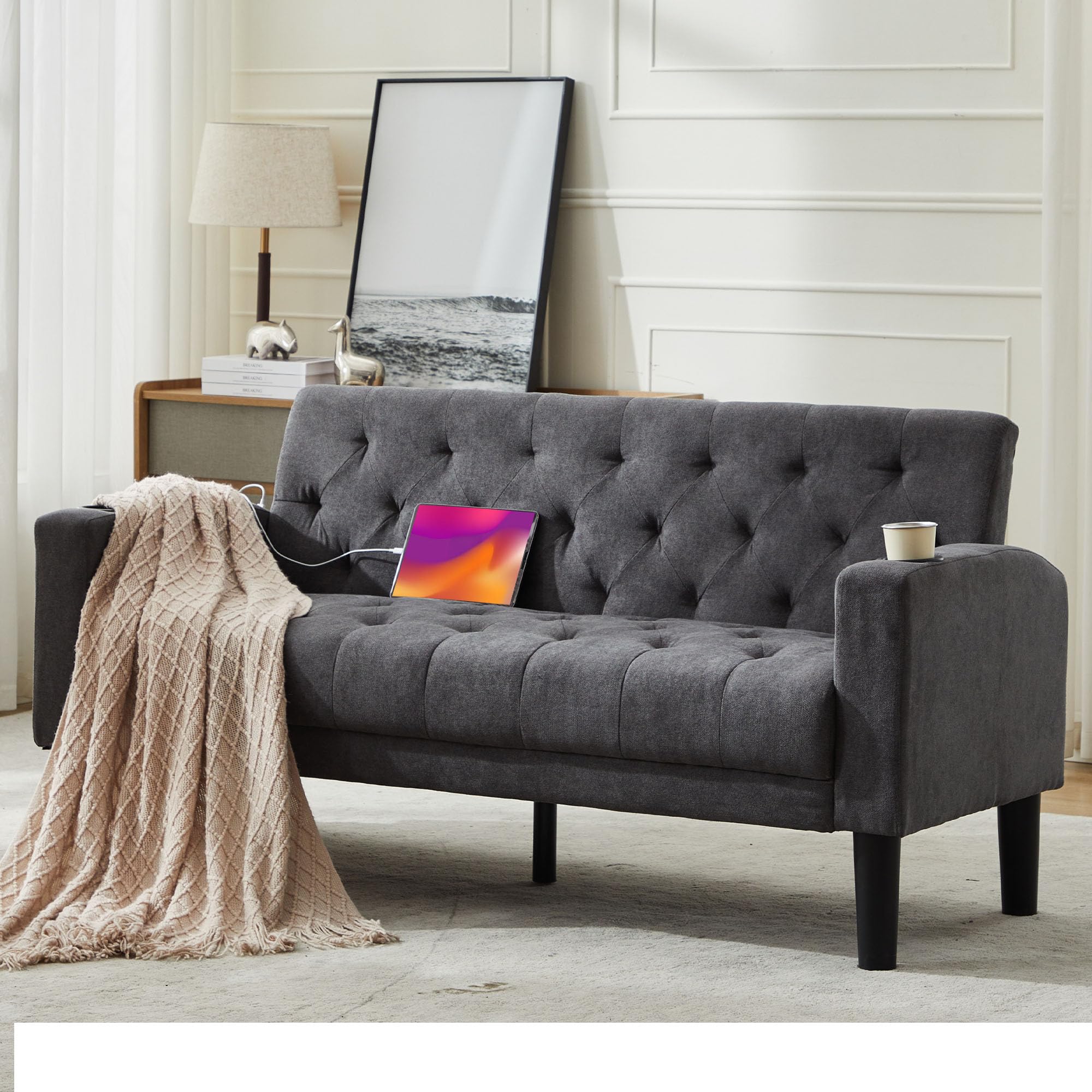 Velvet Loveseat Sofa w/ 2 USB Charger Ports and 2 Cupholders, Mid-Century Modern Tufted