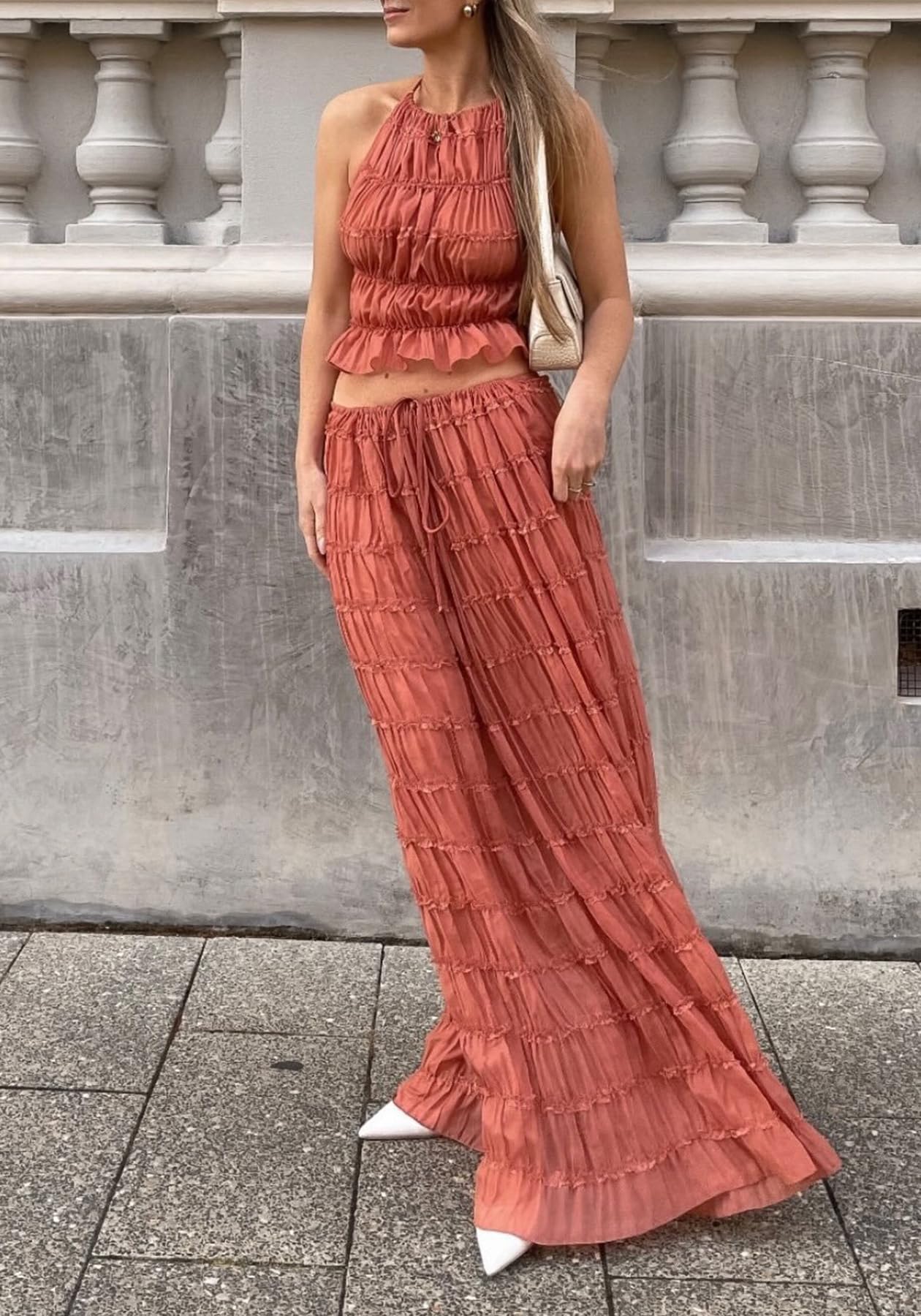 Skirt Sets Women 2 Piece Outfits Backless Halter Top And Pleated Ruffle Flowy Maxi Skirts Y2k Beach Vacation Set