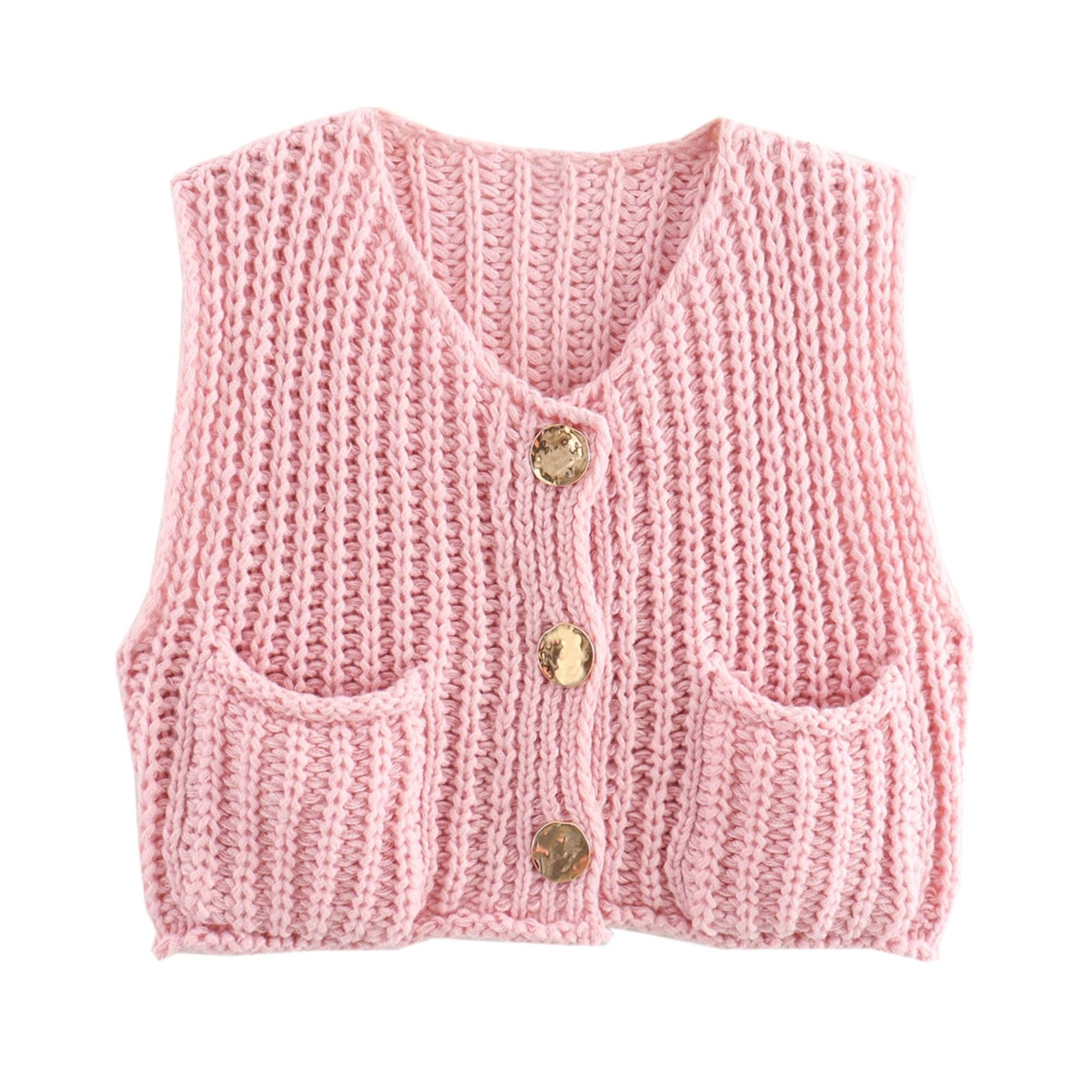 Women's Cropped Sweater Vest Cute Crewneck Button Down Sleeveless Crop Knit Cardigan with Pocket