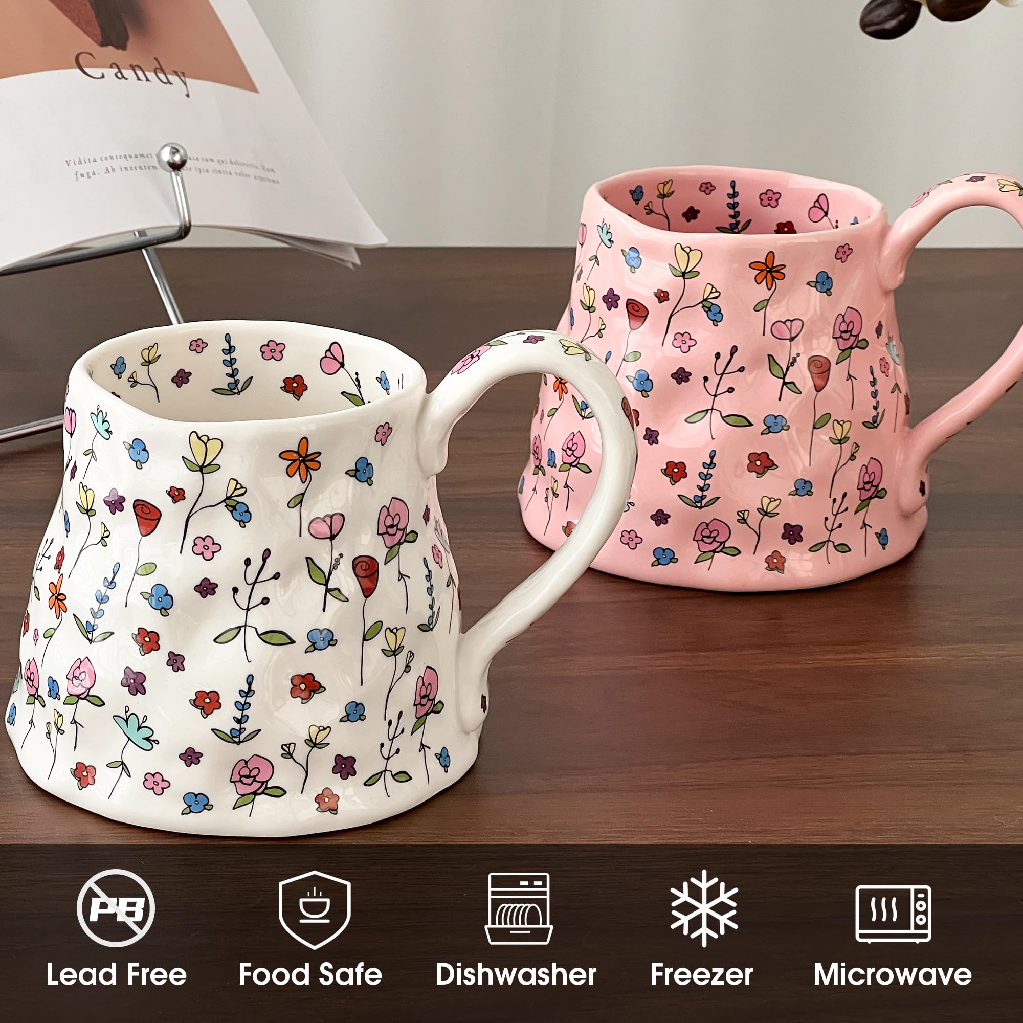Large Ceramic Coffee Mug Pink Cute Flower with Handmade Big Handle, 20oz Girly Floral Tea Cup, Novelty Irregular Oversized Mugs