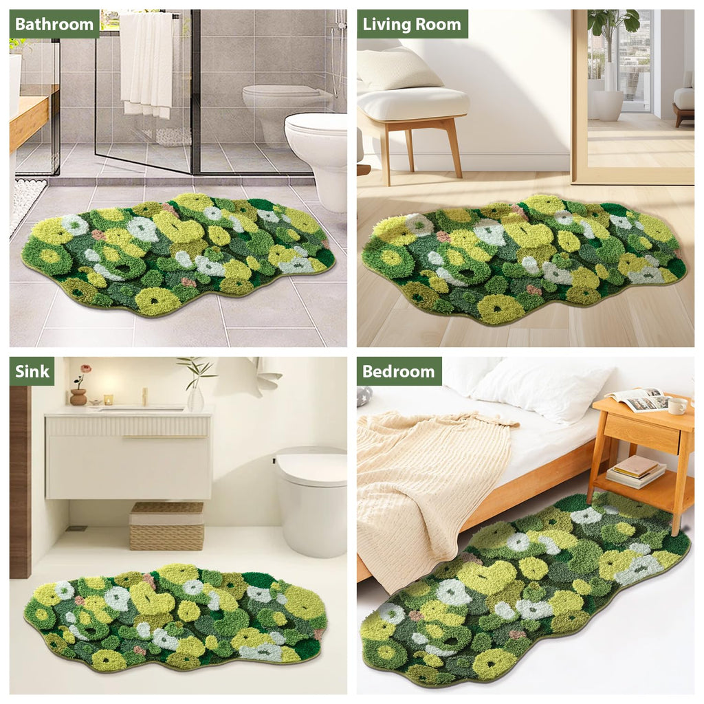 Green Moss Bathroom Rugs Bath Mat Non Slip, Ultra Soft Absorbent Aesthetic Decor Shaggy Tufted Flower Long Bath Rugs