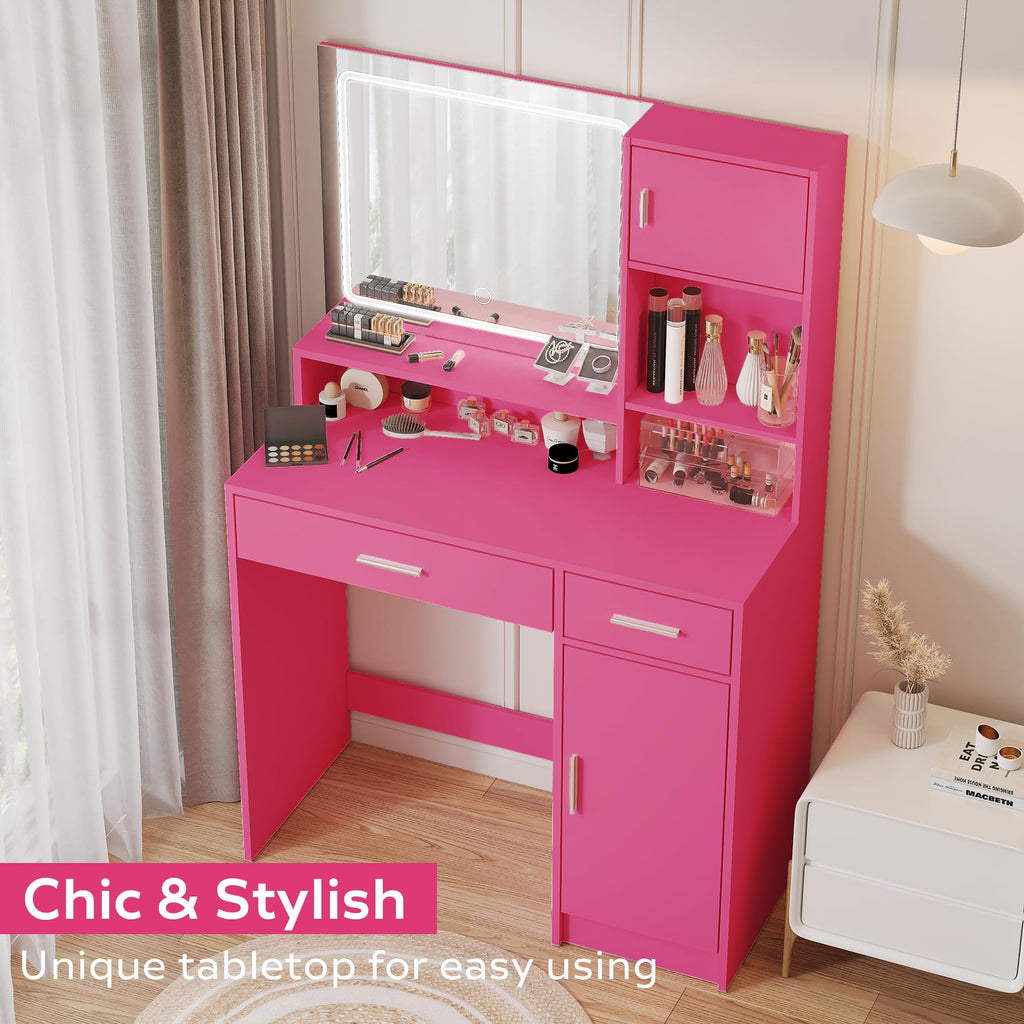 Vanity Desk with Mirror and LED Light Strip,Dressing Table with Large Drawer, 3 Level Storage Dresser & 3 Lighting Modes Adjustable Brightness