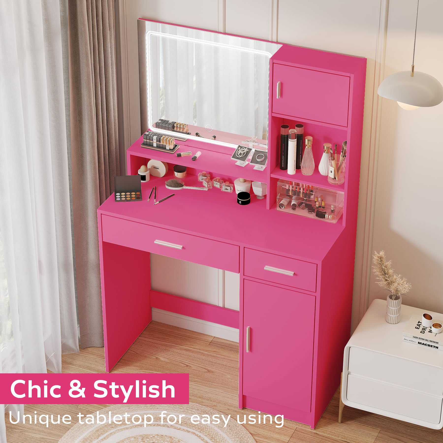 Vanity Desk with Mirror and LED Light Strip,Dressing Table with Large Drawer, 3 Level Storage Dresser & 3 Lighting Modes Adjustable Brightness