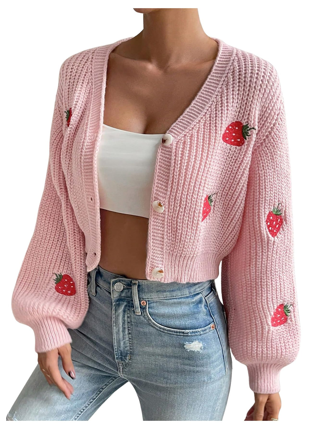 Women's Strawberry Embroidery Crop Cardigan Drop Shoulder Button Up Sweater Tops V Neck Outerwear