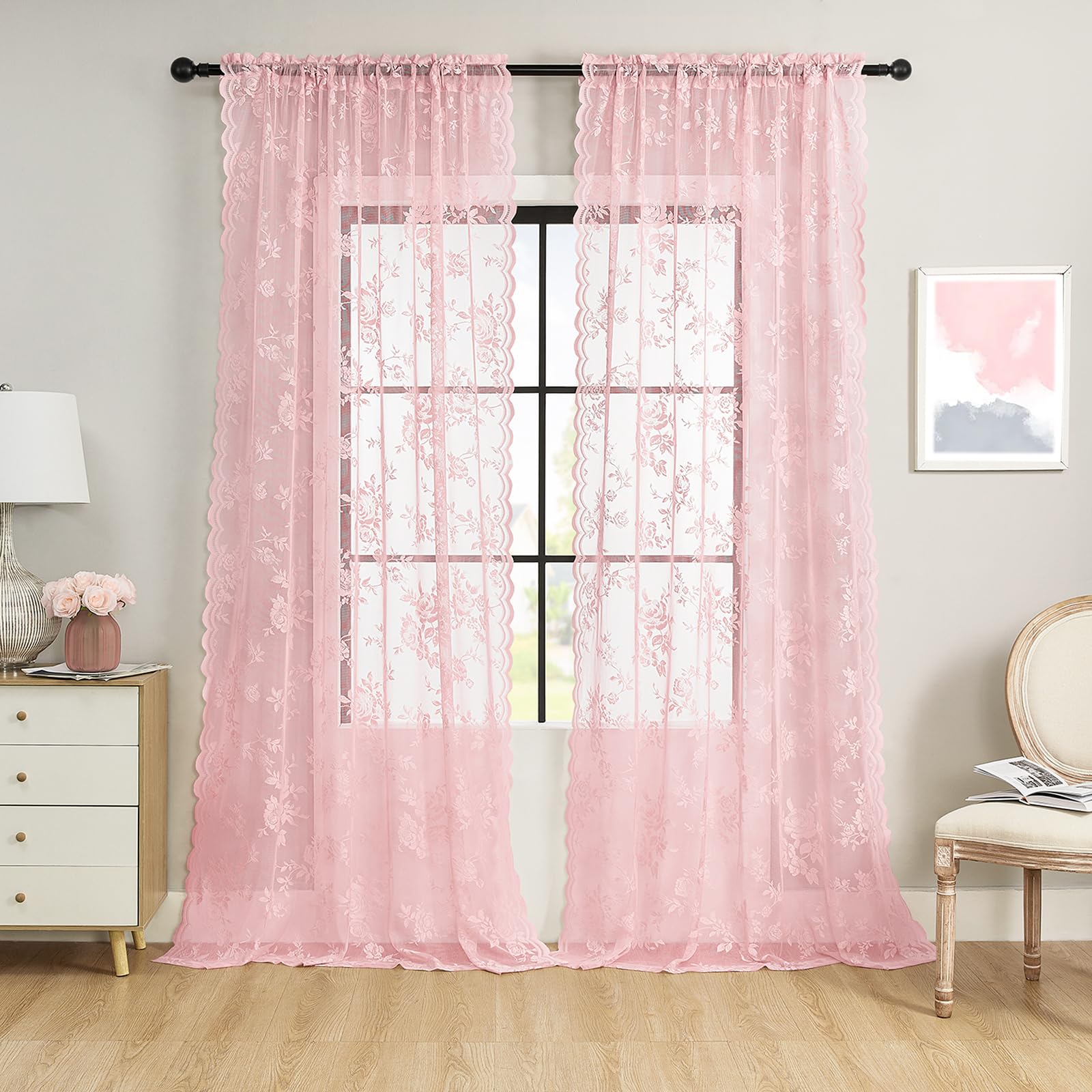 Lace Curtains 2 Panels Set Victorian Floral Sheer Curtains for Living Room Bedroom Girls Room Rod Pocket Light Filtering Romantic French Drapes Window Decor