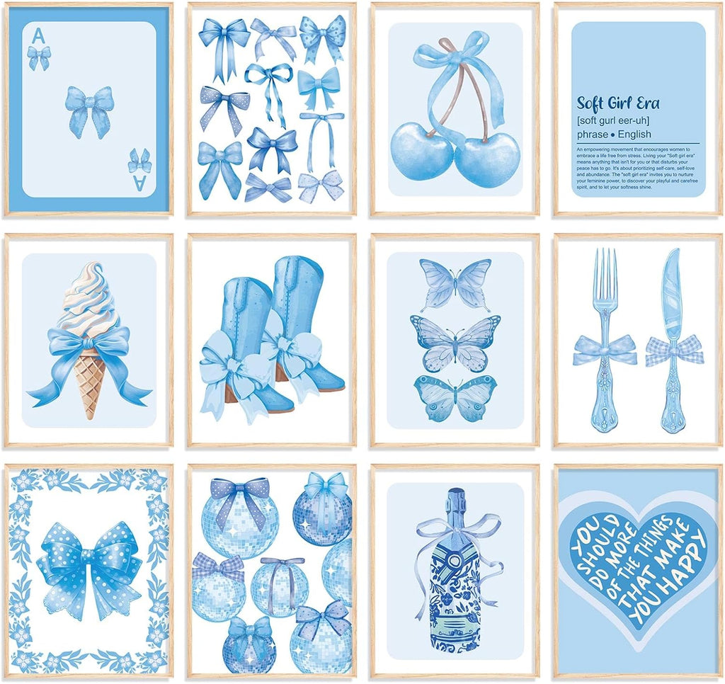 Coquette 12Pcs Blue Wall Decor - Bow Knot Cherry Wall Art Prints Decorative Aesthetic Pictures for Girls Home Office Room Gallery Party, 8 x 10 Inch, Unframed
