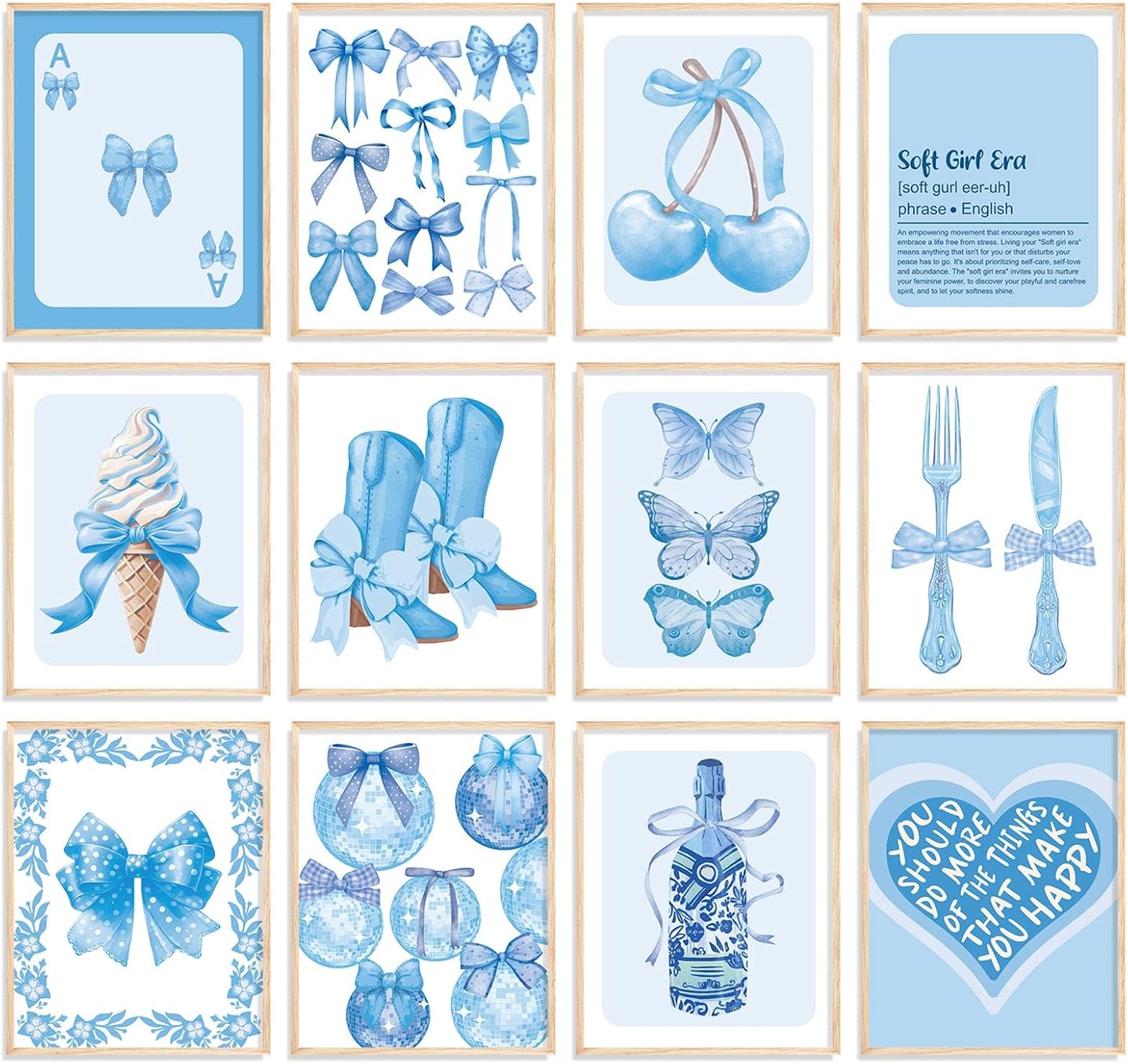 Coquette 12Pcs Blue Wall Decor - Bow Knot Cherry Wall Art Prints Decorative Aesthetic Pictures for Girls Home Office Room Gallery Party, 8 x 10 Inch, Unframed