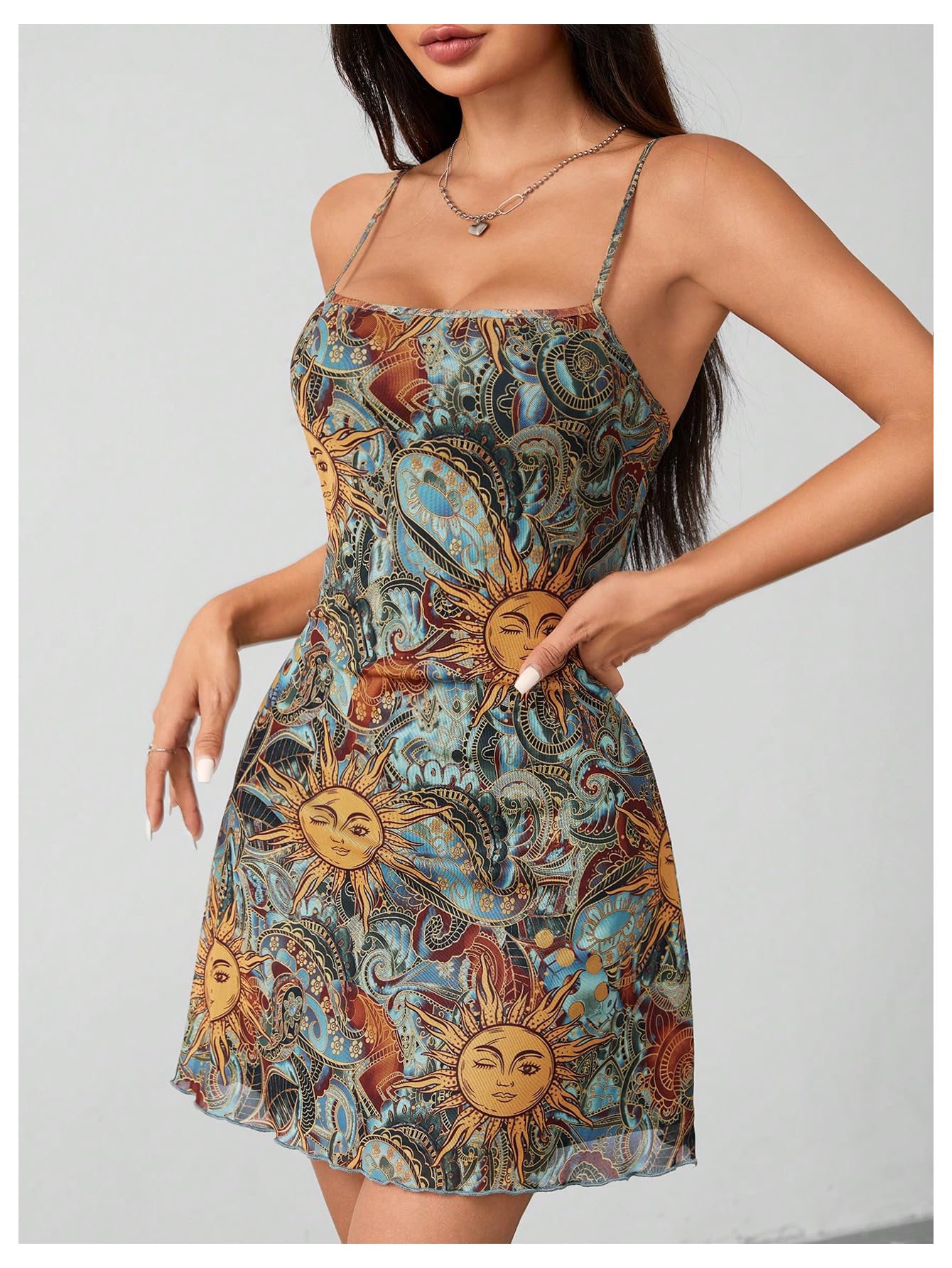 Women's Petite Boho Print Lettuce Trim Cami Dress Vintage Mesh Short Dresses