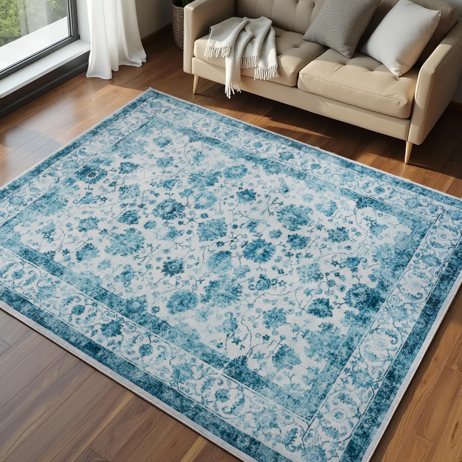 Washable Area Rugs Door Mat Entryway Vintage Floral Non-Slip Low Pile Entrance Thin Rug Carpet for Kitchen Bathroom Living Room Pink