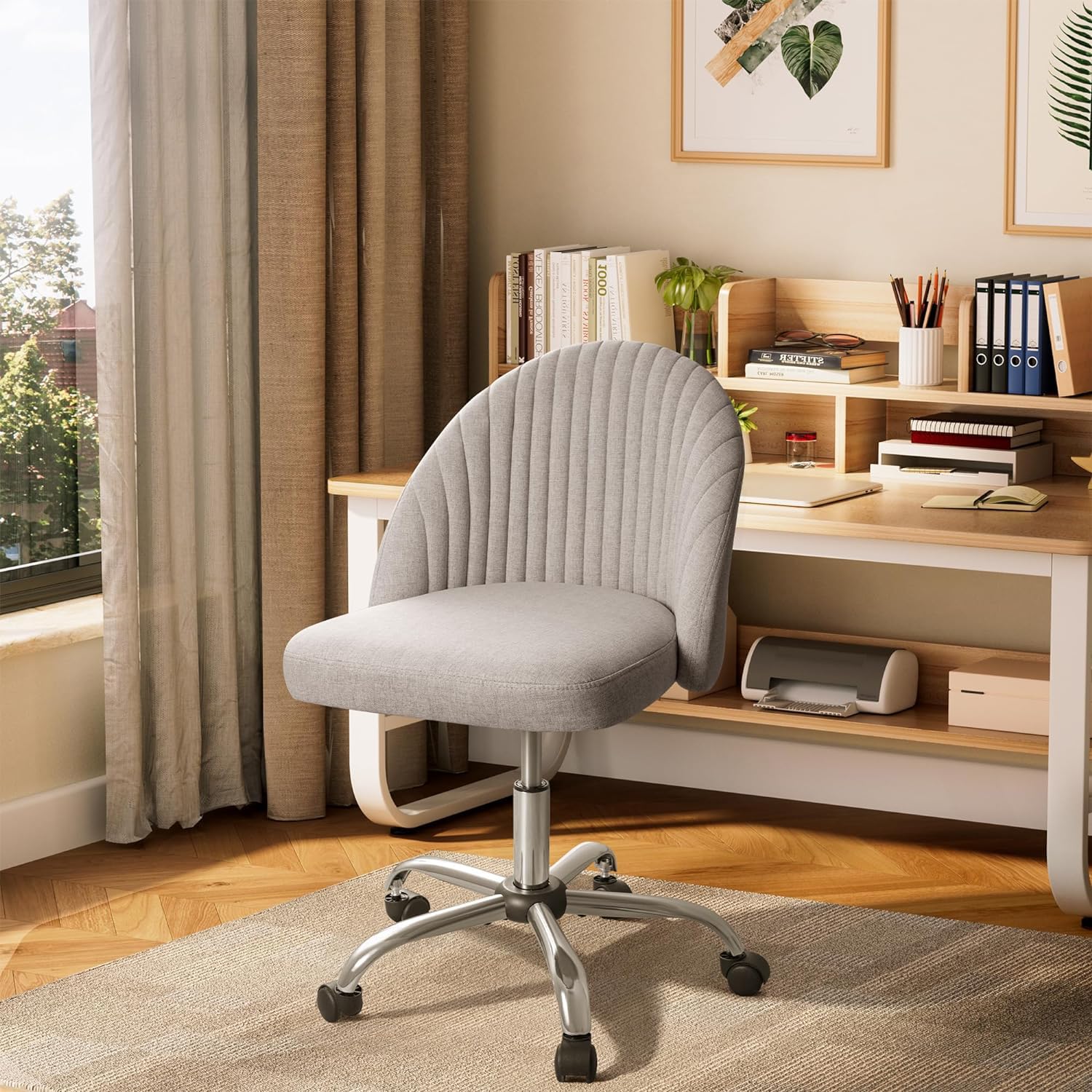 Modern Armless Cute Adjustable Swivel Padded Fabric Vanity Chair with Wheels