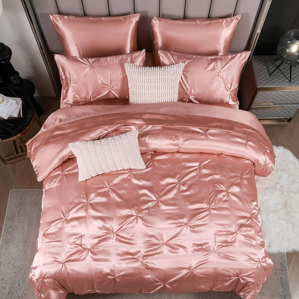 Pinch Pleat Bedding Set - Pin-tuck Luxury Bed Comforter Set 10 Pcs, Soft Silky Down Comforter Bed Set Satin with Sheets