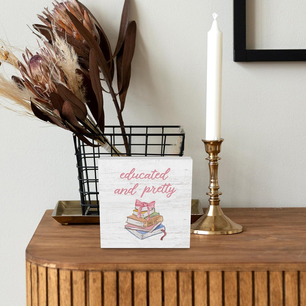 Coquette Preppy Pink Bow Books Wooden Box Sign, Book Lover Gifts, Wall Desk Shelf Tabletop Decoration