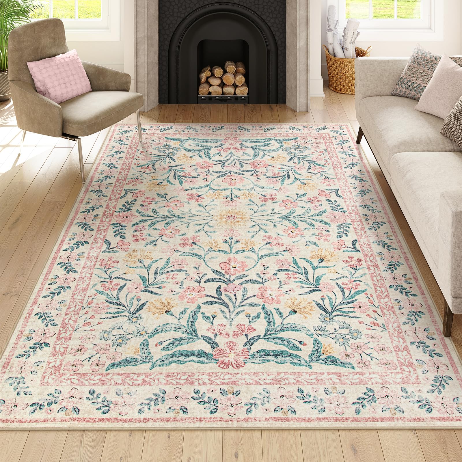 Machine Washable Boho Soft Floral Carpet Non Slip, Indoor Ultra-Thin Floor Carpet for Kid Room Living Room Dorm