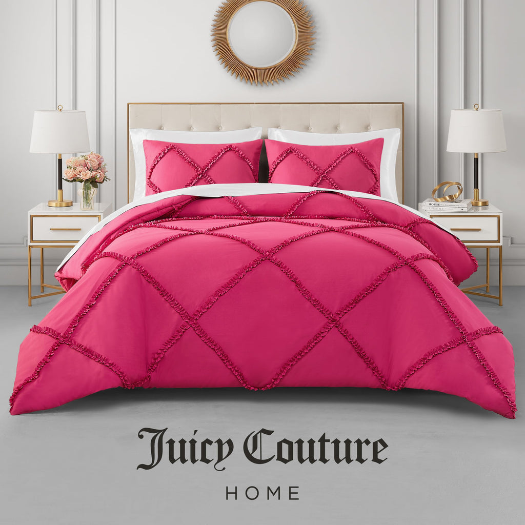 Juicy Couture Diamond Queen Comforter Set - Ruffle 3-Piece Machine Washable Reversible Bedding Comforter Set