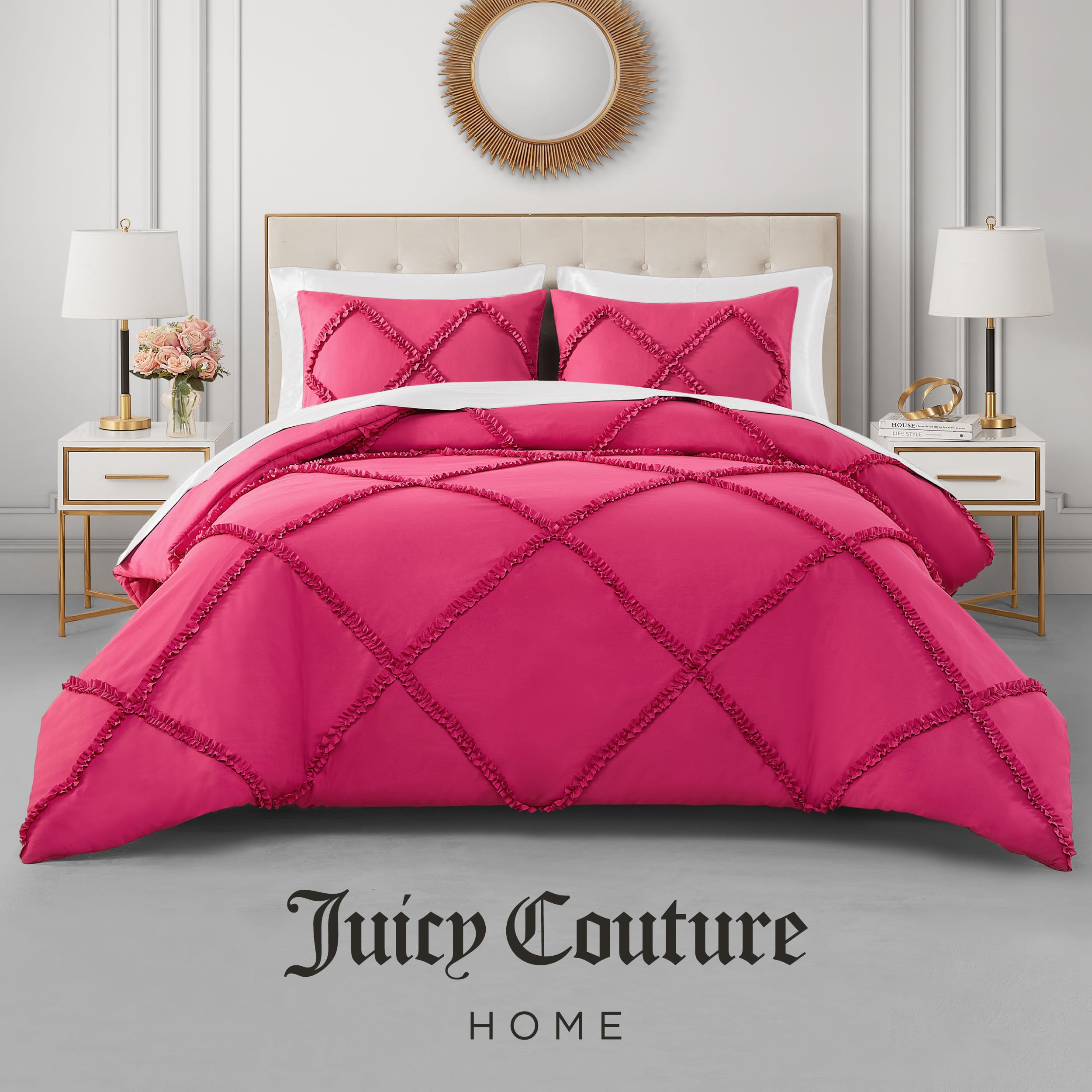 Juicy Couture Diamond Queen Comforter Set - Ruffle 3-Piece Machine Washable Reversible Bedding Comforter Set