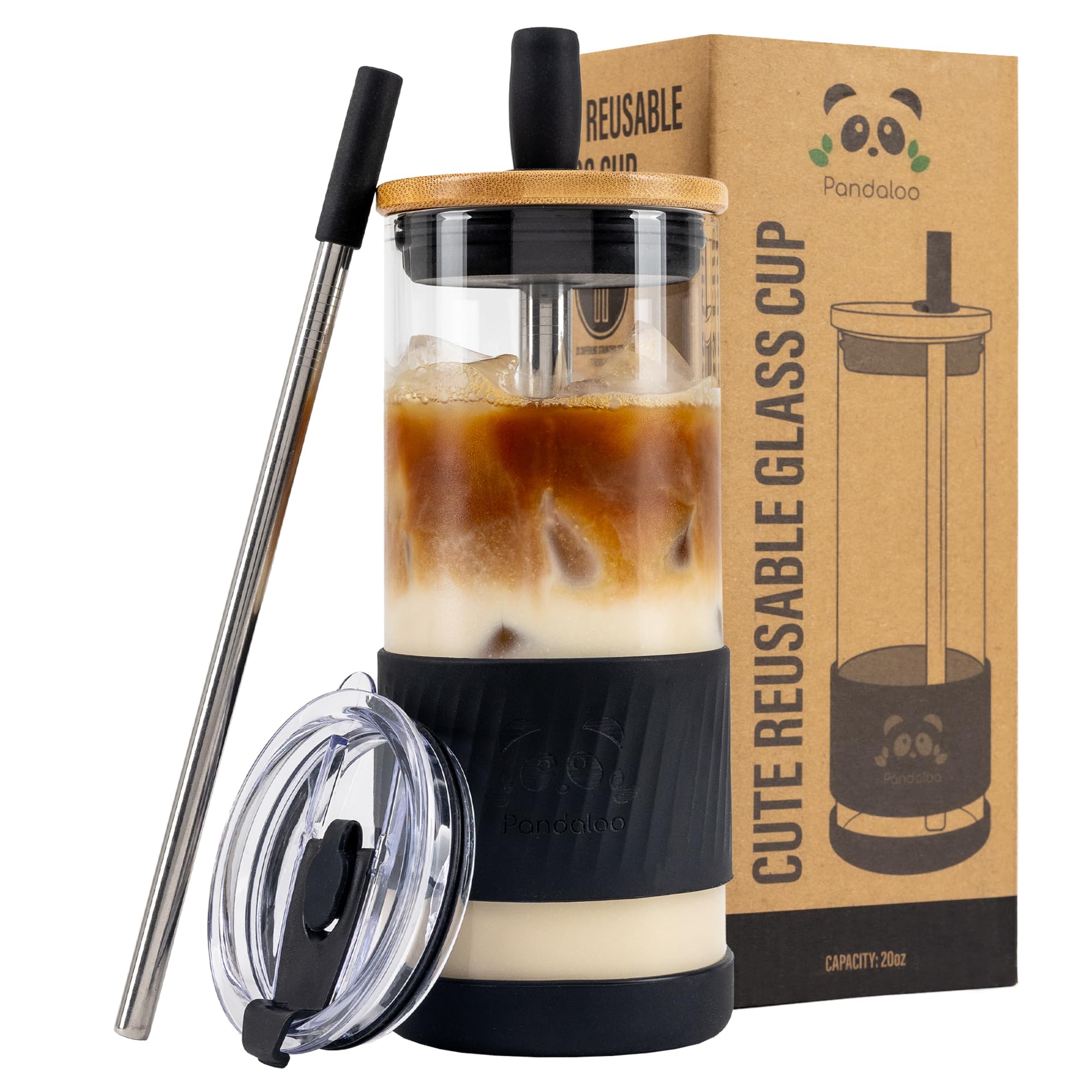 Pandaloo® Glass Cups With Lids and Straws -20 Fl Oz- Perfect Size Iced Coffee Cup - Smoothie Cup With Bamboo Lid and On the go Lid - Glass Tumbler With Straw