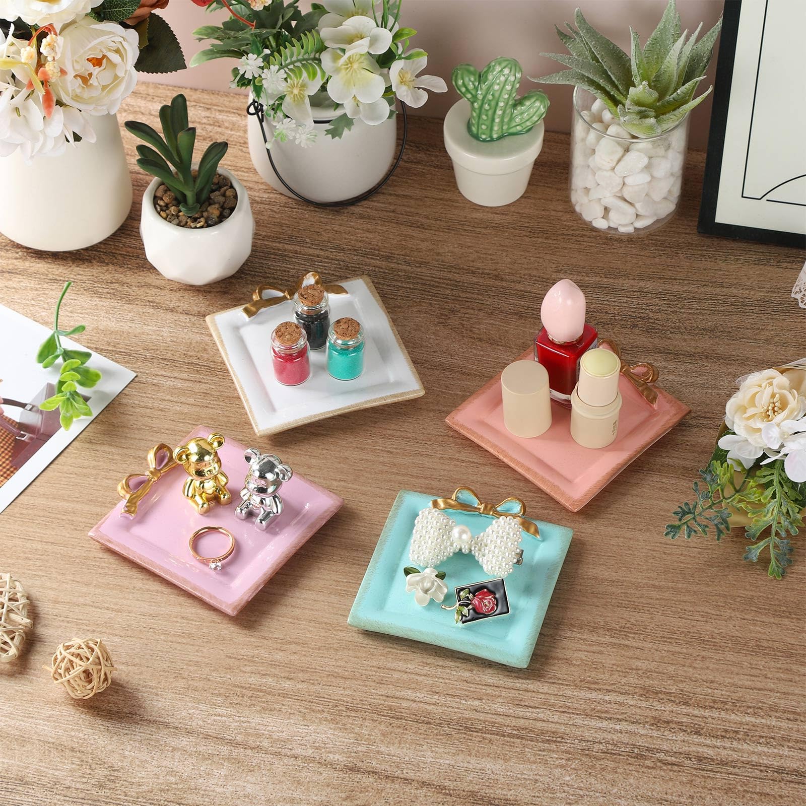 Vintage Bow-Knot Trinket Dish for Bedroom Vintage Square Vanity Tray for Dresser Purple Jewelry Dish Tray for Rings Bracelets Earrings