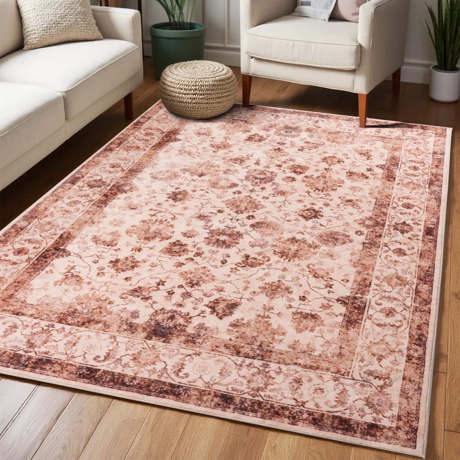 Washable Area Rugs Door Mat Entryway Vintage Floral Non-Slip Low Pile Entrance Thin Rug Carpet for Kitchen Bathroom Living Room Pink