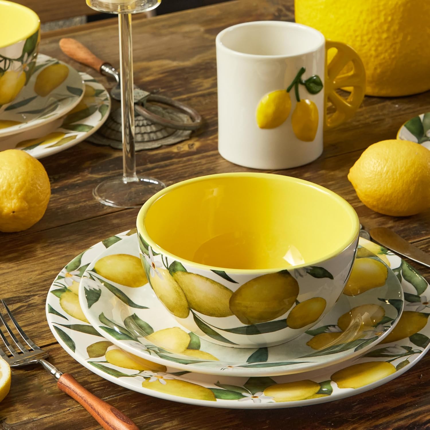 Lemon Cute Handle Handcrafted 16oz Stoneware Mug, Handpainted Mug