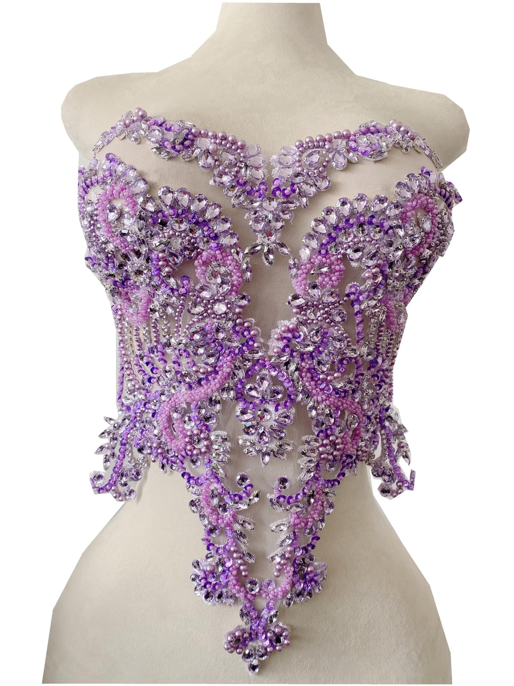 Handmade red/Blue/Gold/Green Rhinestones lace Bodice Applique Sewing Beads Crystal Trim Patches Accessory for Dress Clothes (Rose red)