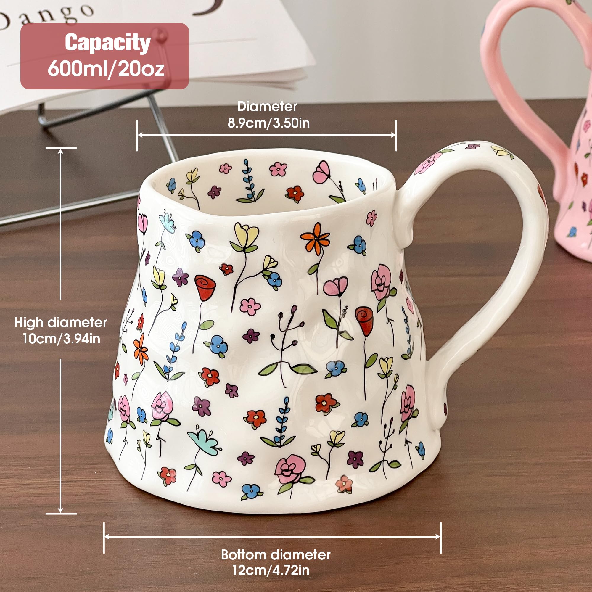 Large Ceramic Coffee Mug Pink Cute Flower with Handmade Big Handle, 20oz Girly Floral Tea Cup, Novelty Irregular Oversized Mugs