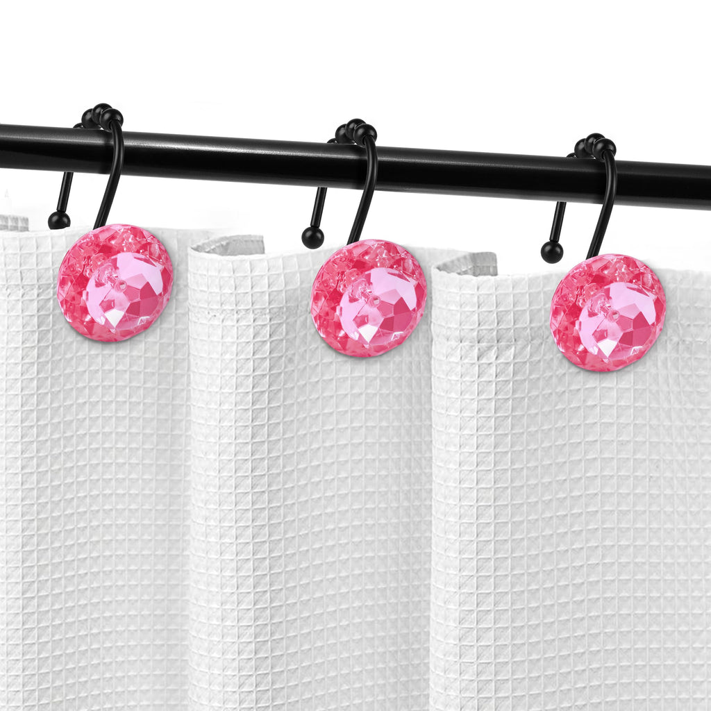 Luxury Design Round Diamond Crystal Gem Bling with Glide Balls Shower Curtain Hooks, Rust Proof Metal Rhinestones Glam Shower Curtain Rings-12 Pack
