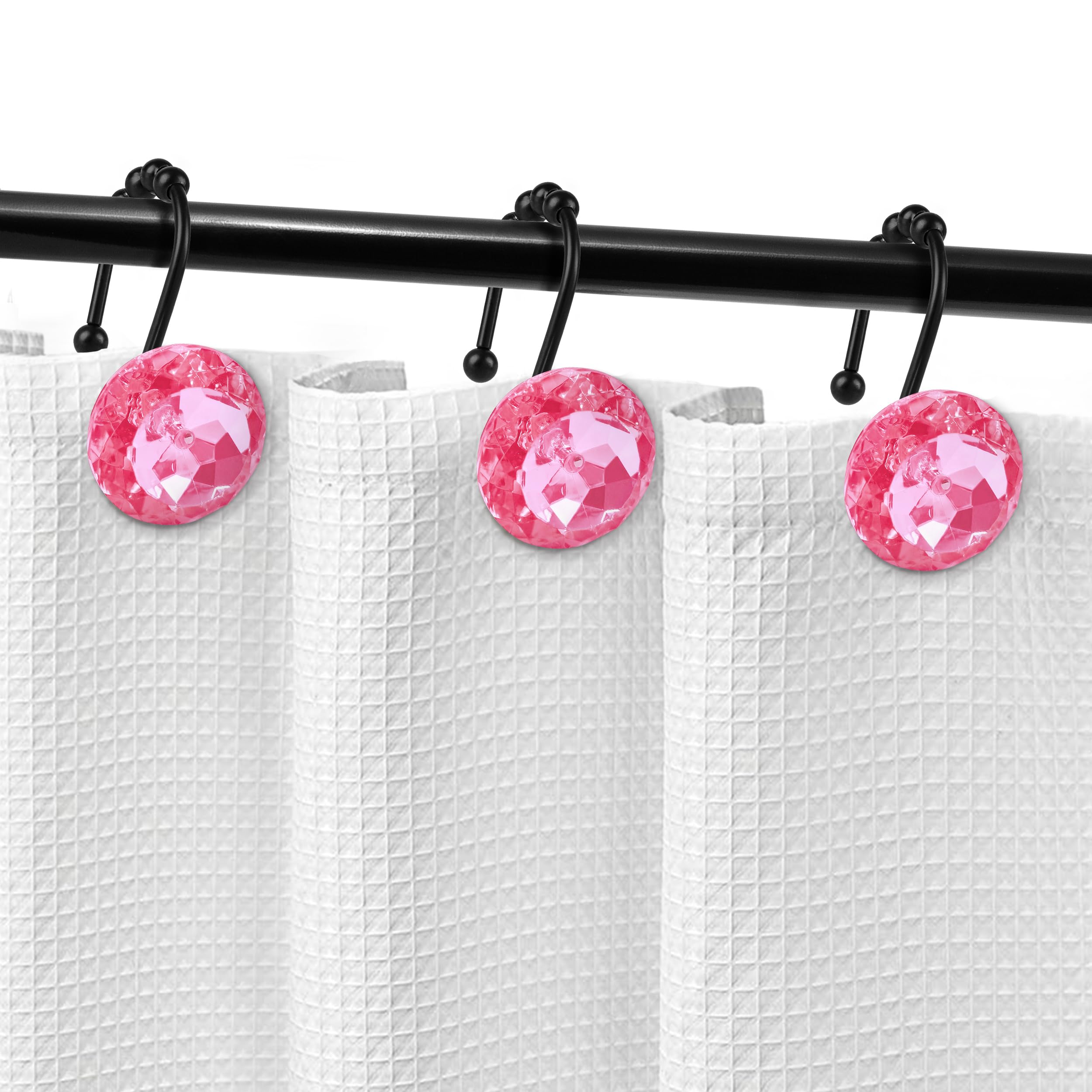 Luxury Design Round Diamond Crystal Gem Bling with Glide Balls Shower Curtain Hooks, Rust Proof Metal Rhinestones Glam Shower Curtain Rings-12 Pack