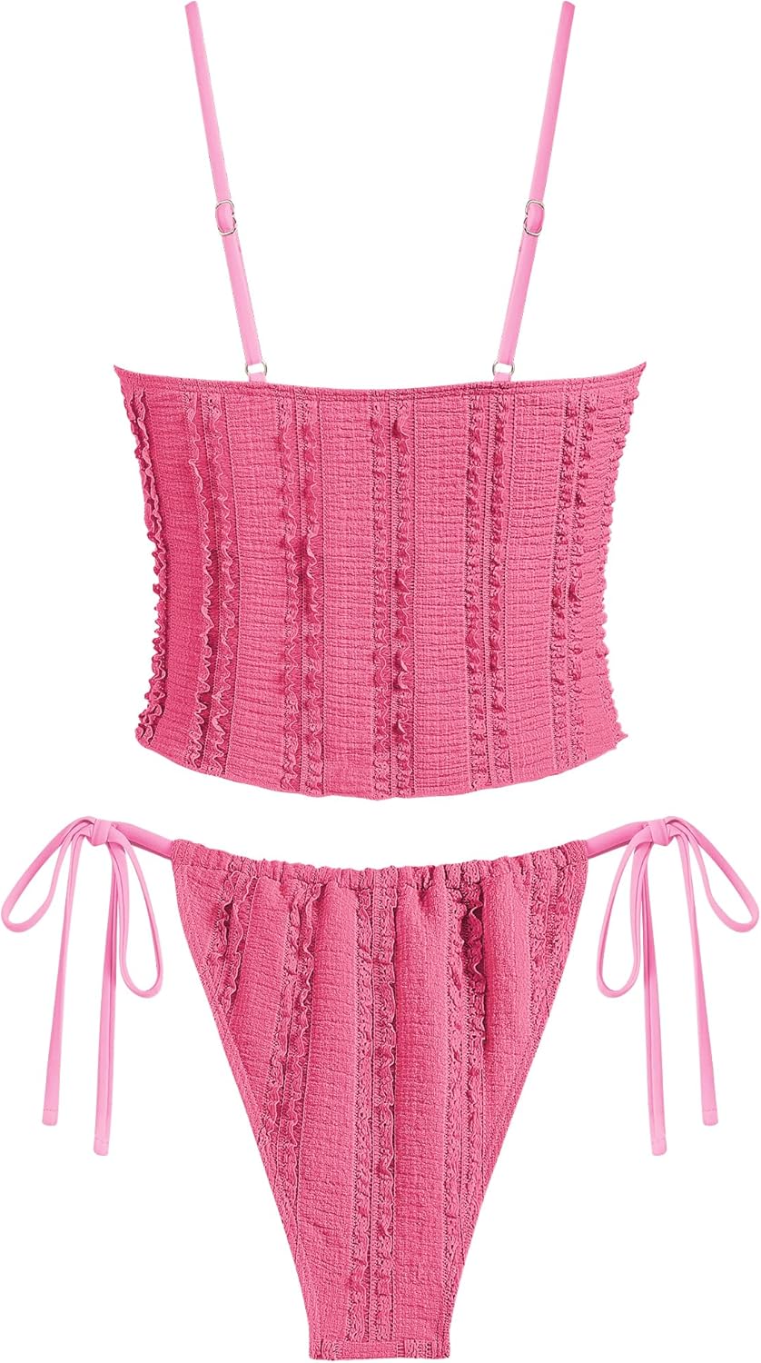 Pink Tankini Swimsuits for Women Smocked Ruffles Tie Front Bowknot Textured High Cut