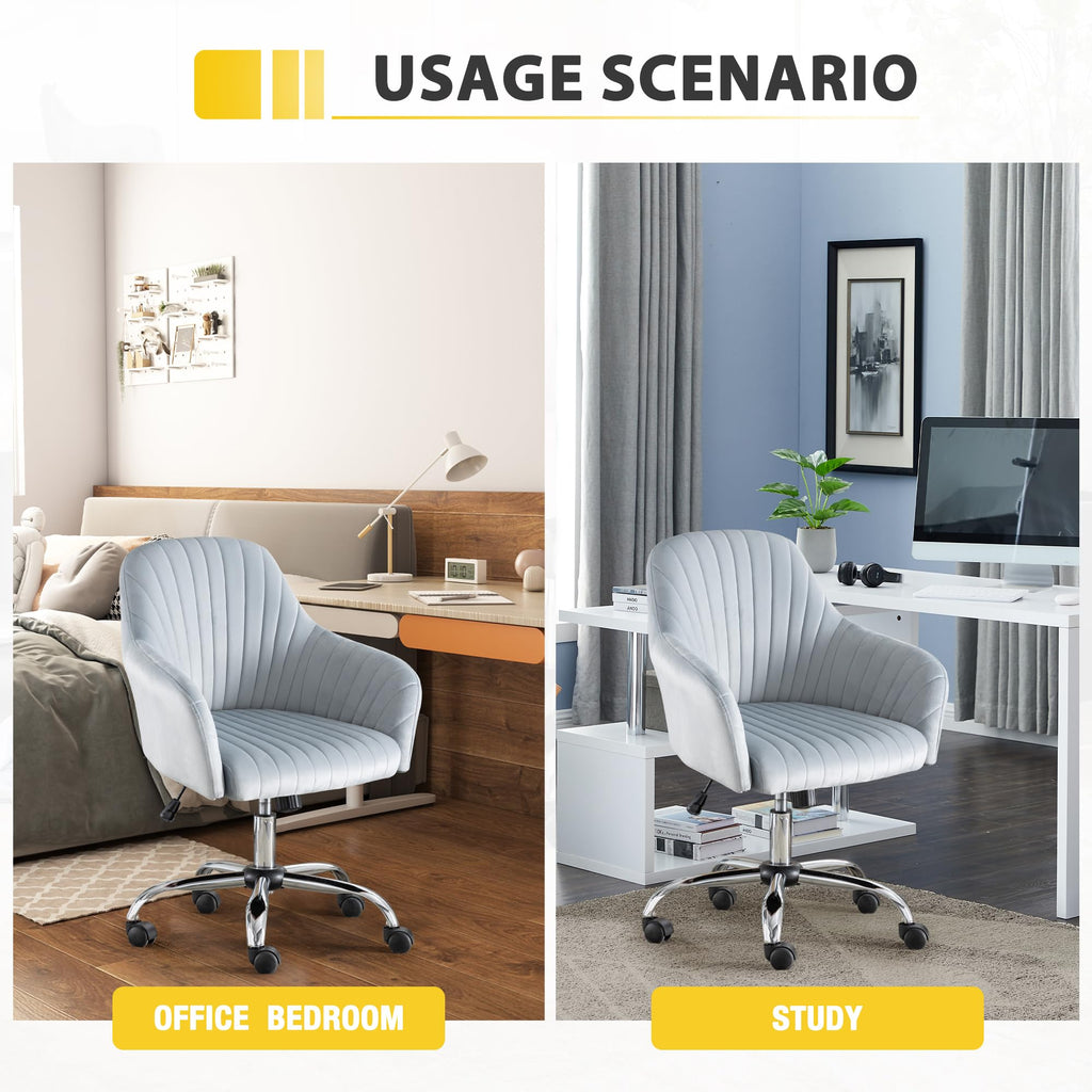 Modern Vanity Velvet Adjustable Low Back Rolling Chair, Twill Upholstered Cute Chair with Wheels