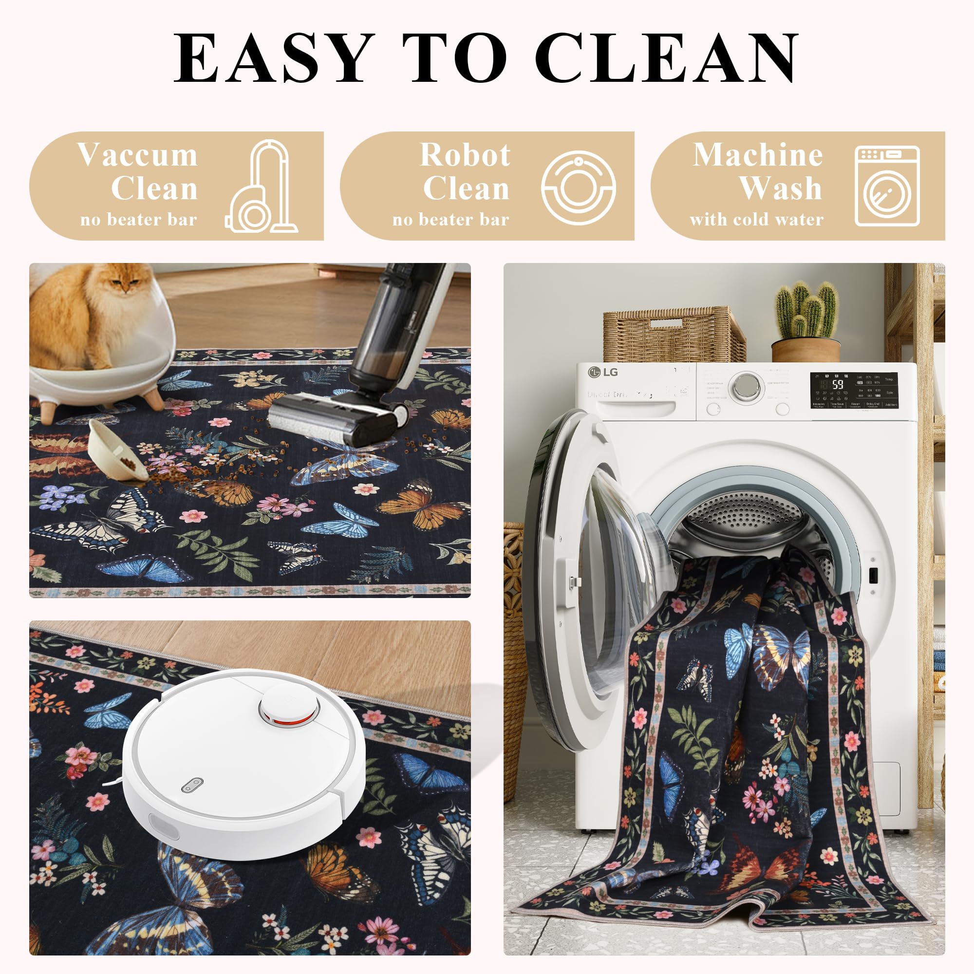 Insect Floral Area Rug, Machine Washable Area Rug Non-Slip Low Pile Large Bedroom Rug Stain Resistant Throw Rug Carpet