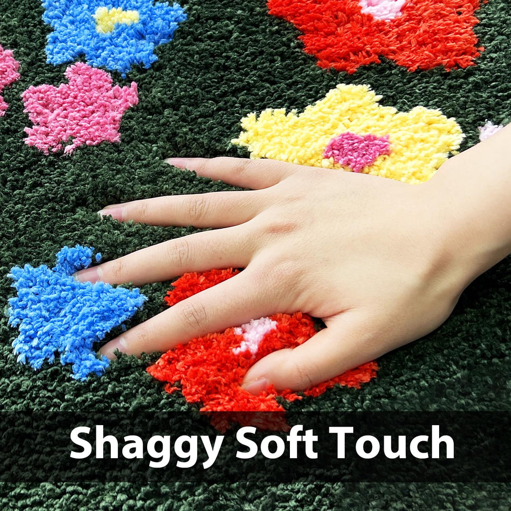 Green Moss Bathroom Rugs Bath Mat Non Slip, Ultra Soft Absorbent Aesthetic Decor Shaggy Tufted Flower Long Bath Rugs