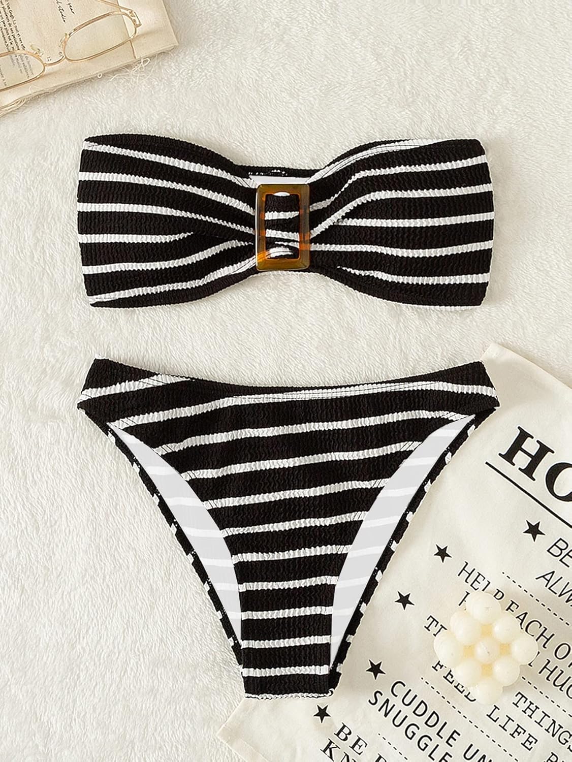 Women's 2 Piece Strapless Swimsuit Striped Bandeau High Waisted Thong Bikini Set Bathing Suit