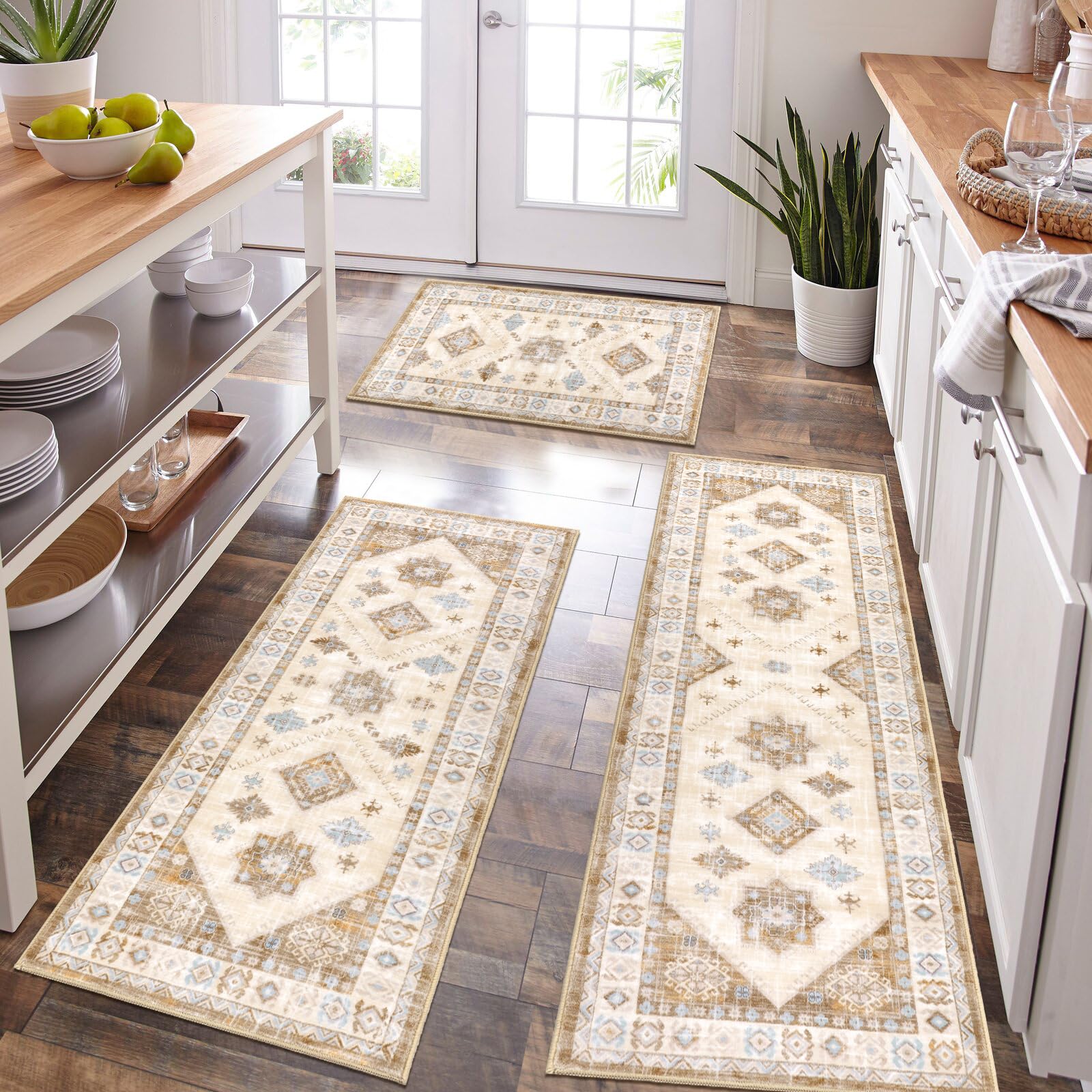 Thick Boho Kitchen Rug Sets 3 Piece with Runner Non Slip Kitchen Rugs and Mats Washable Kitchen Mats