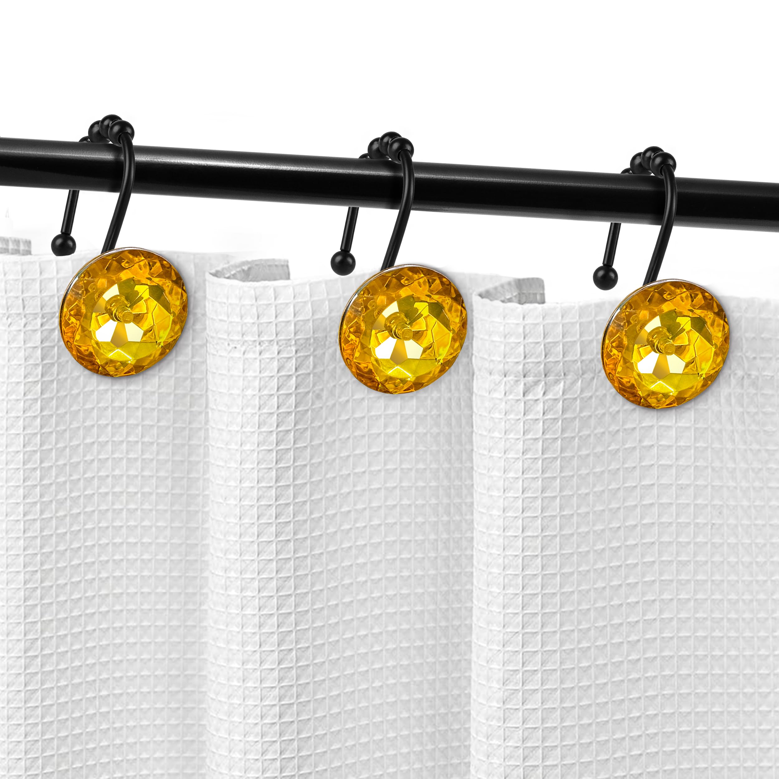 Luxury Design Round Diamond Crystal Gem Bling with Glide Balls Shower Curtain Hooks, Rust Proof Metal Rhinestones Glam Shower Curtain Rings-12 Pack