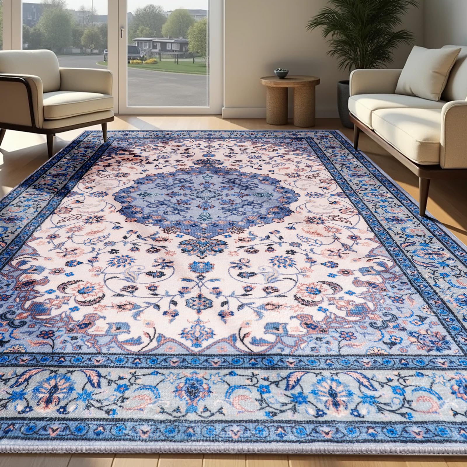 Washable Area Rugs Door Mat Entryway Vintage Floral Non-Slip Low Pile Entrance Thin Rug Carpet for Kitchen Bathroom Living Room Pink