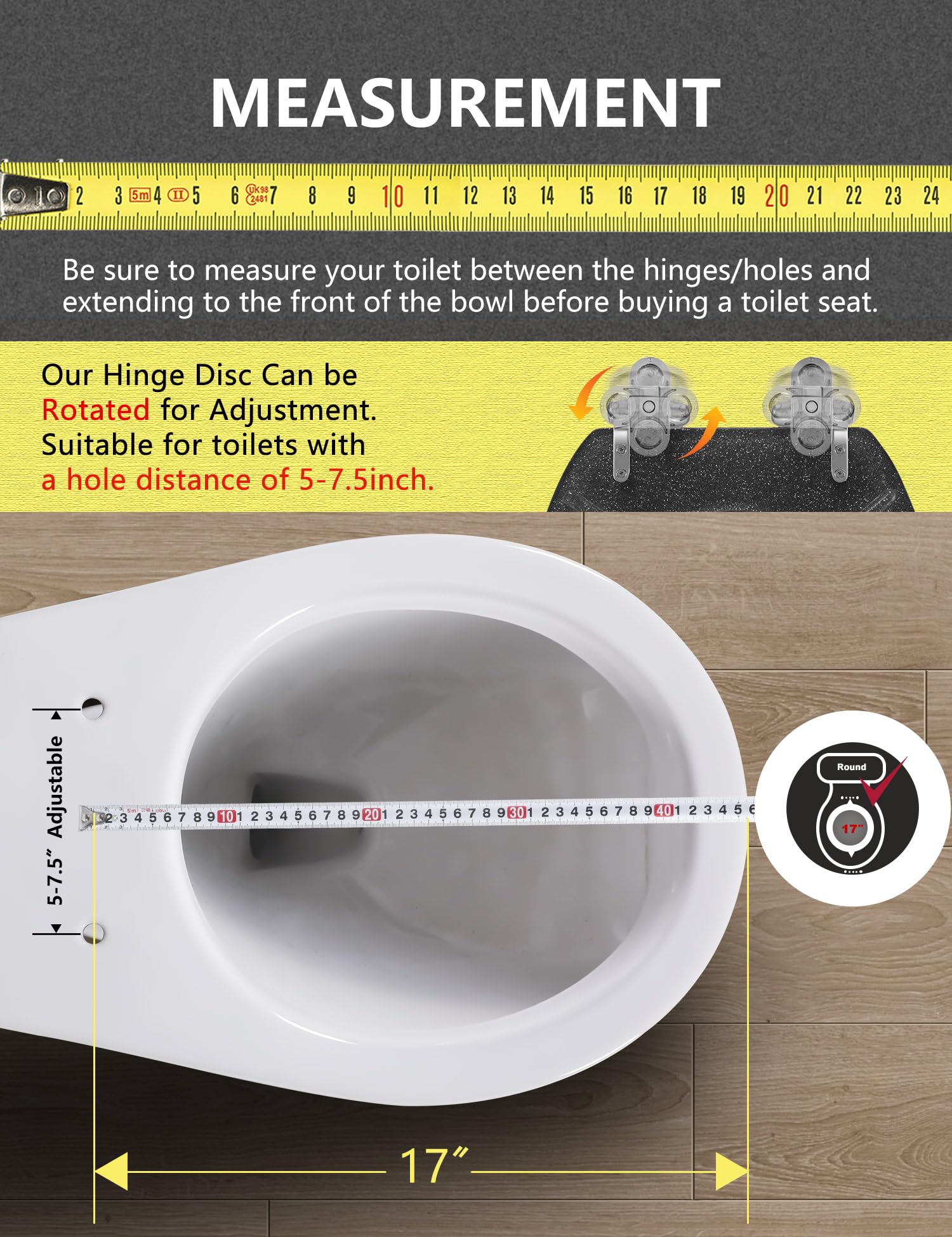 Round Resin Toilet Seat Glitter Soft Close Quick Release Metal Zinc Alloy Hinge Easy to Install also Easy to Clean, Decorative Acrylic Seats (17 Inch)