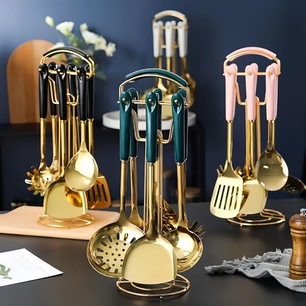 Gold Kitchen Utensils, 7pieces Gold Cooking Utensils Set, Kitchen Tools Set With Utensil Holder, Gold Kitchen Accessories, Dishwasher Safe, Easy To Clean