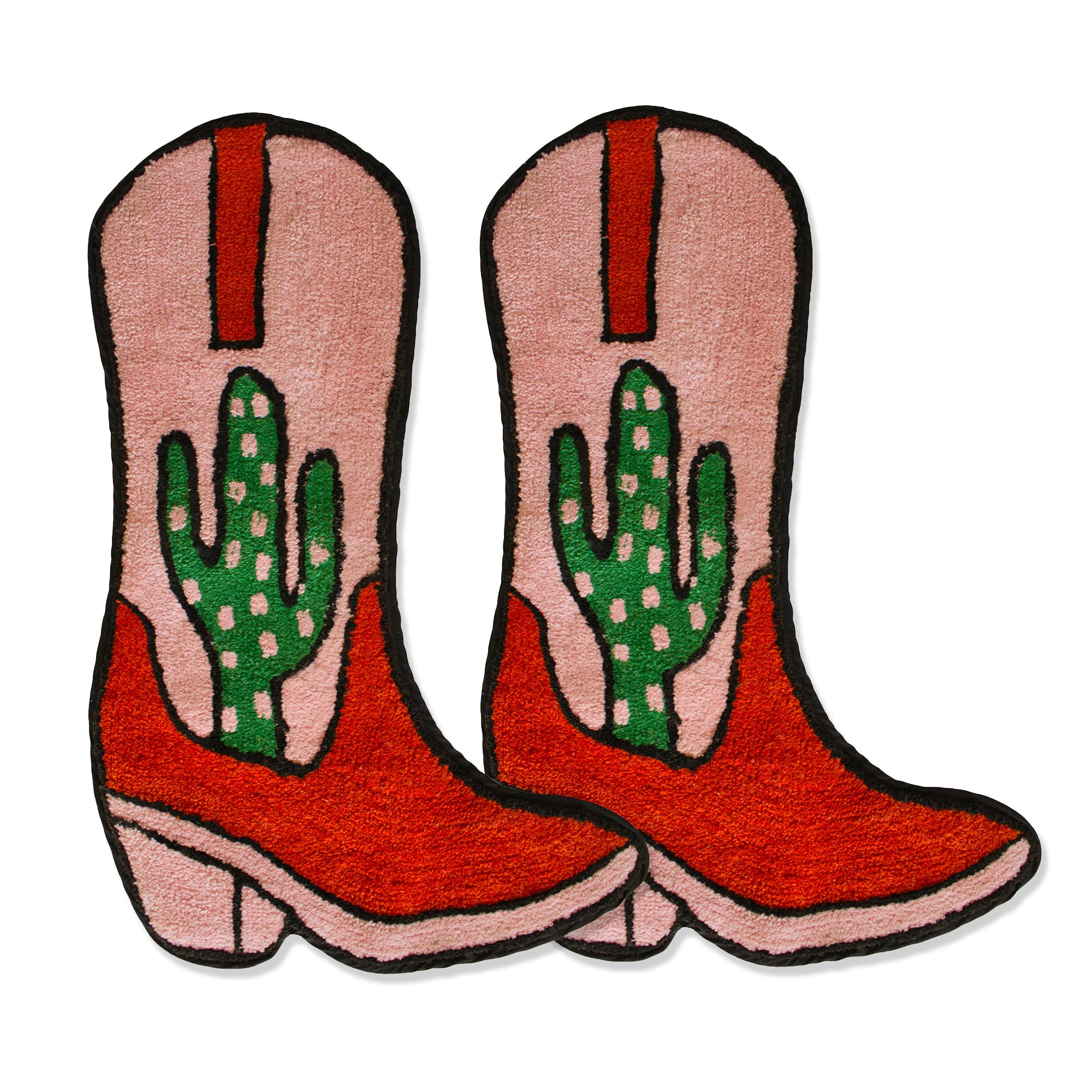 Cowboy Boot Bath Mat - Western Boot Shaped Rug with Pink, Rust, and Green Cactus Design - Water Absorbent (Boot Bath Mat)