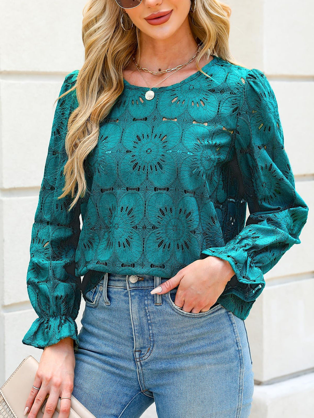 Women Eyelet Long Sleeve - Dressy Hollow Out Crochet Lace Embroidered Blouse