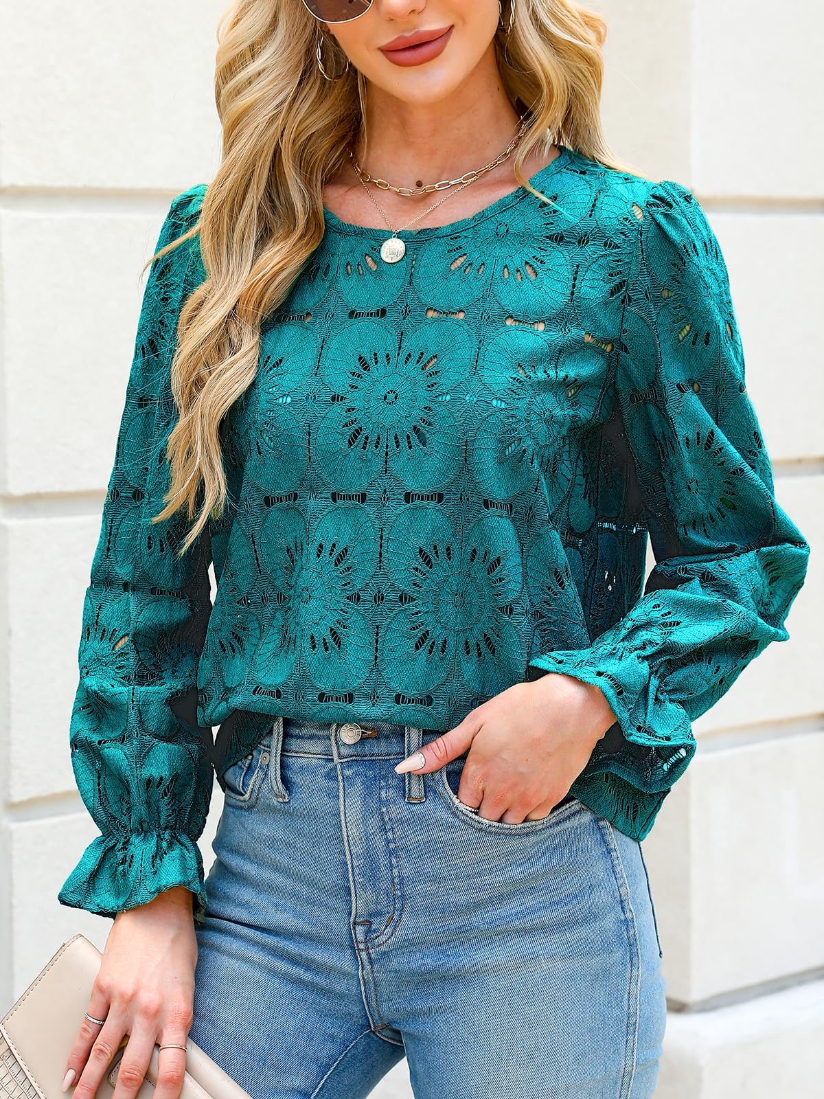 Women Eyelet Long Sleeve - Dressy Hollow Out Crochet Lace Embroidered Blouse