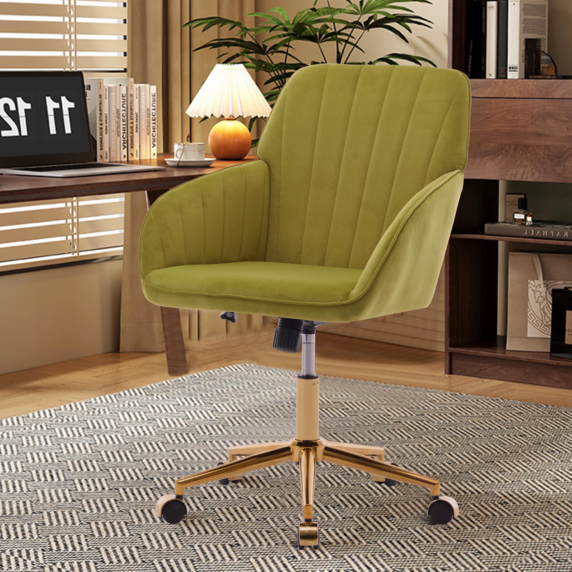 Modern Vanity Velvet Adjustable Low Back Rolling Chair, Twill Upholstered Cute Chair with Wheels