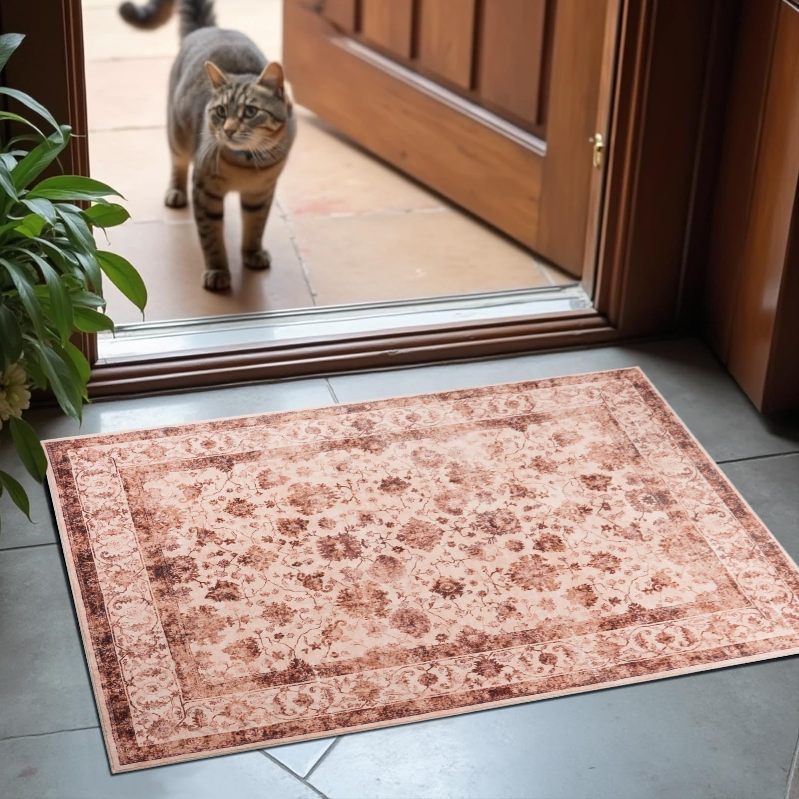 Washable Area Rugs Door Mat Entryway Vintage Floral Non-Slip Low Pile Entrance Thin Rug Carpet for Kitchen Bathroom Living Room Pink