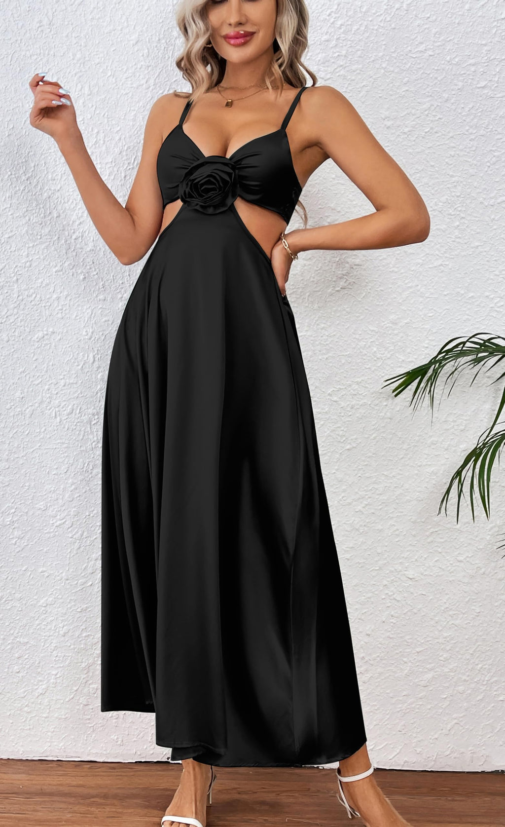 Women Satin Slip Padded Long Dress V Neck Adjustable Straps Backless Party Casual Dress 3D Flower Sundress