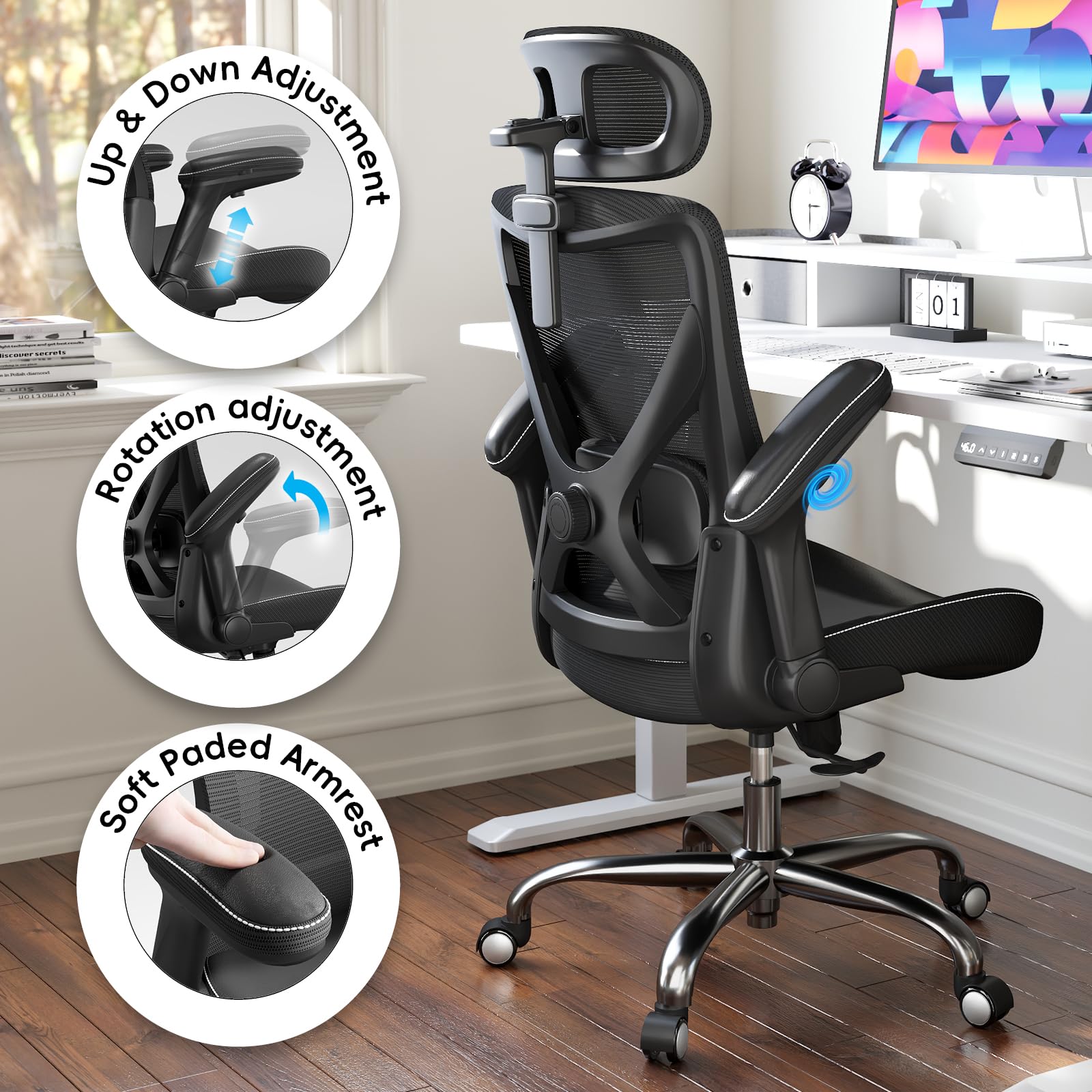 Ergonomic Desk Chair-Computer X-Shaped Chair Mesh PU Leather with Adjustable Lumbar Support-Executive Chair High Back with Headrest Flip-Up Arms for Long Hours