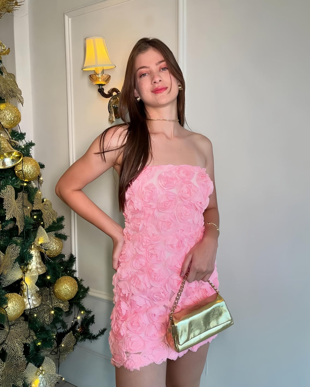 Womens Strapless Mini Dress Sexy Short Bodycon Off Shoulder Stretchy 3D Floral Appliques Tube Top Cocktail Party Dress