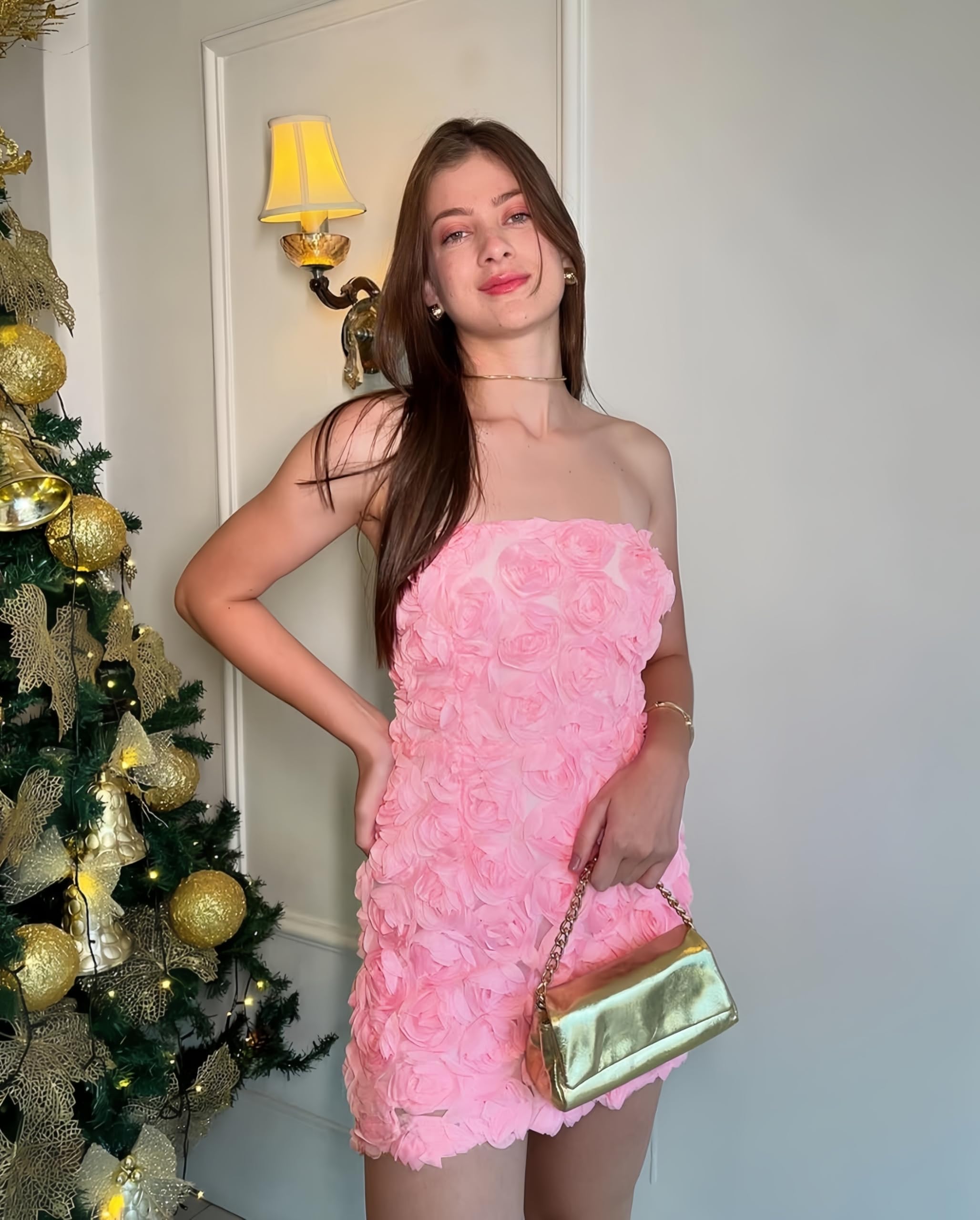 Womens Strapless Mini Dress Sexy Short Bodycon Off Shoulder Stretchy 3D Floral Appliques Tube Top Cocktail Party Dress