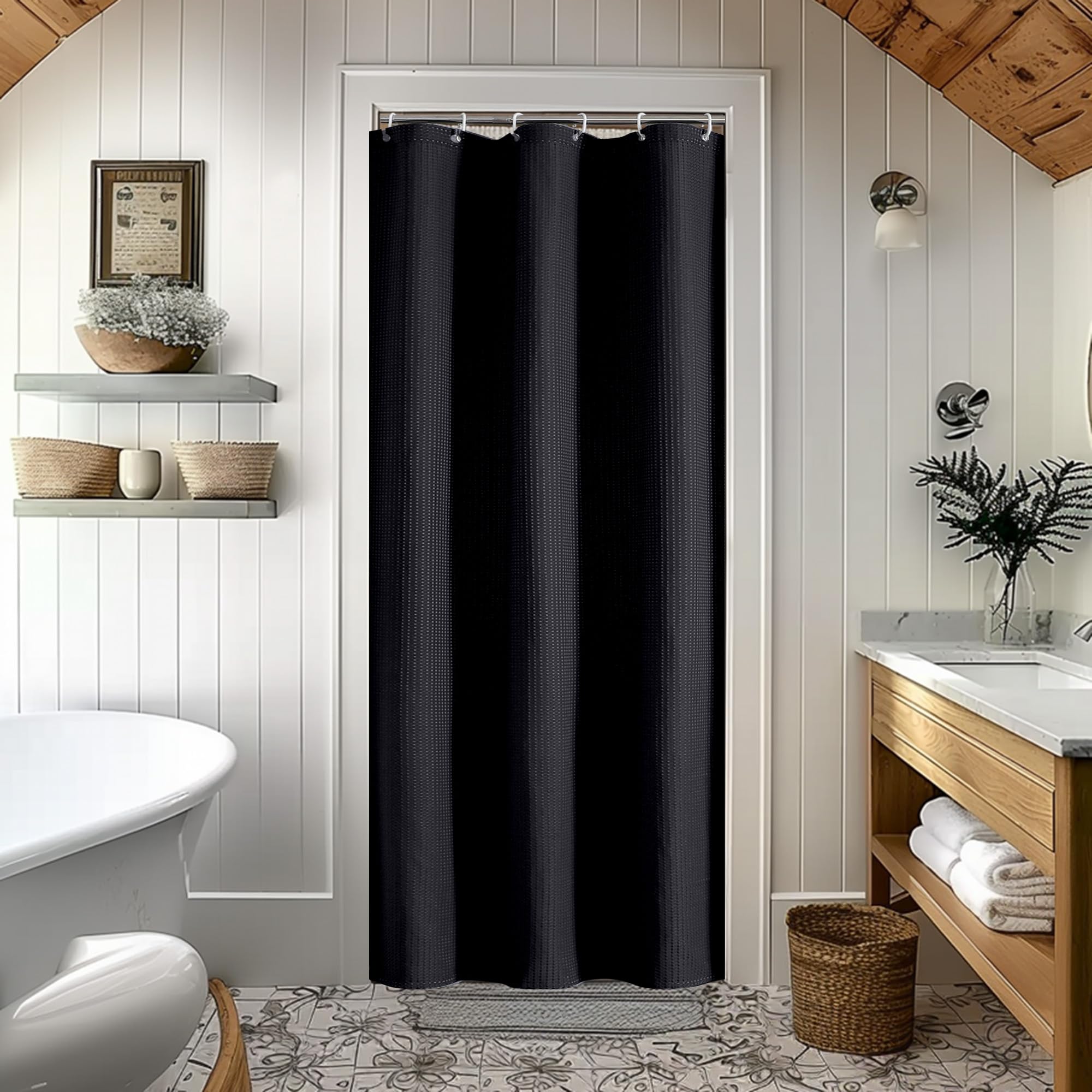 Waffle Textured Heavy Duty Fabric Shower Curtain for Bathroom, Luxury Hotel Weighted 230GSM Bath Curtain with 12 Plastic Hooks, Machine Washable, 72x72