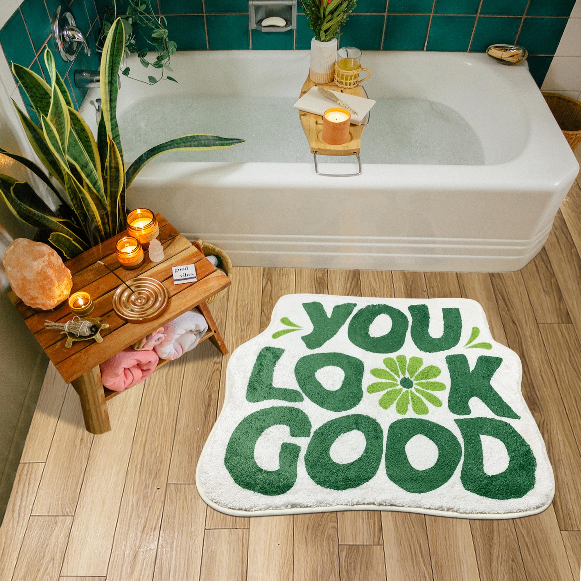 You Look Good Bath Mat Flower Bathroom Rug, Soft Absorbent Water Non Slip Rug, Superior Washable Microfiber (21"x25")