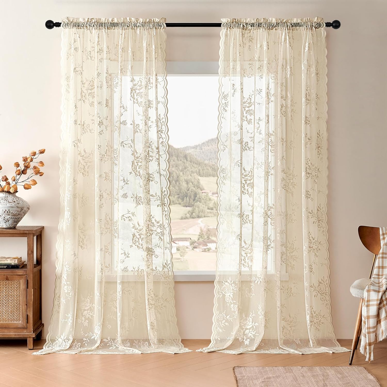 Lace Curtains 2 Panels Set Victorian Floral Sheer Curtains for Living Room Bedroom Girls Room Rod Pocket Light Filtering Romantic French Drapes Window Decor