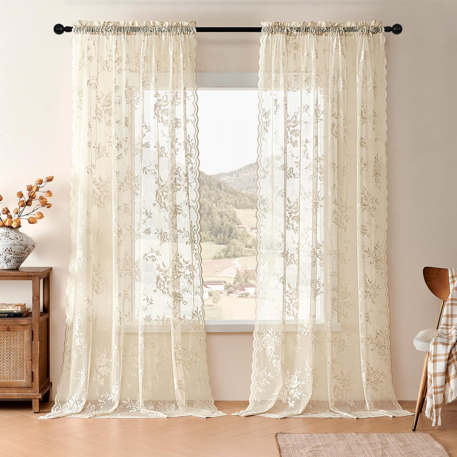 Lace Curtains 2 Panels Set Victorian Floral Sheer Curtains for Living Room Bedroom Girls Room Rod Pocket Light Filtering Romantic French Drapes Window Decor